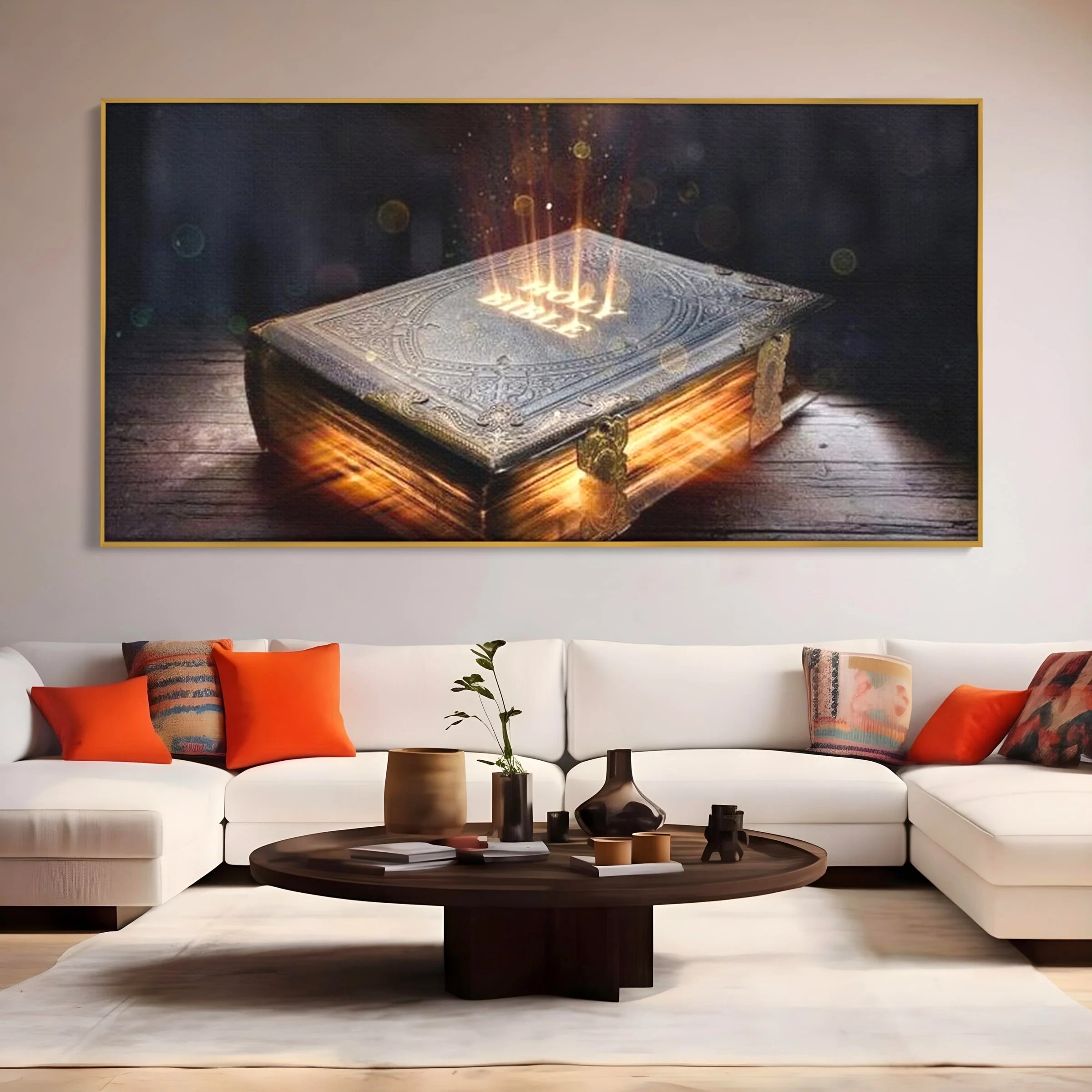 Tablou canvas cu ilustratie digitala cu o carte sacra stralucitoare, in rama de aluminiu auriu, pe perete intr-un living