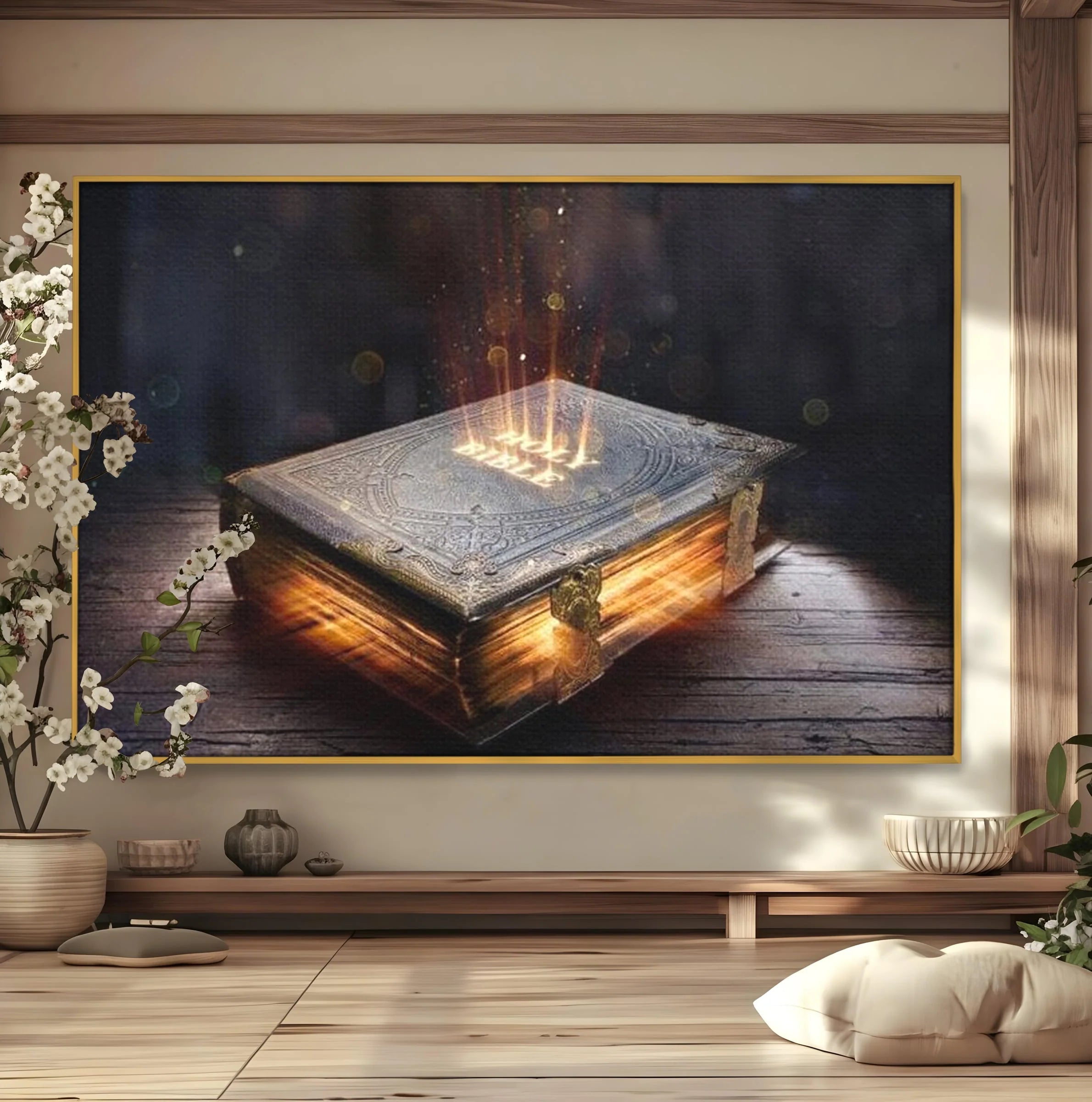 Tablou canvas cu ilustratie digitala cu o carte sacra stralucitoare, in rama de aluminiu auriu