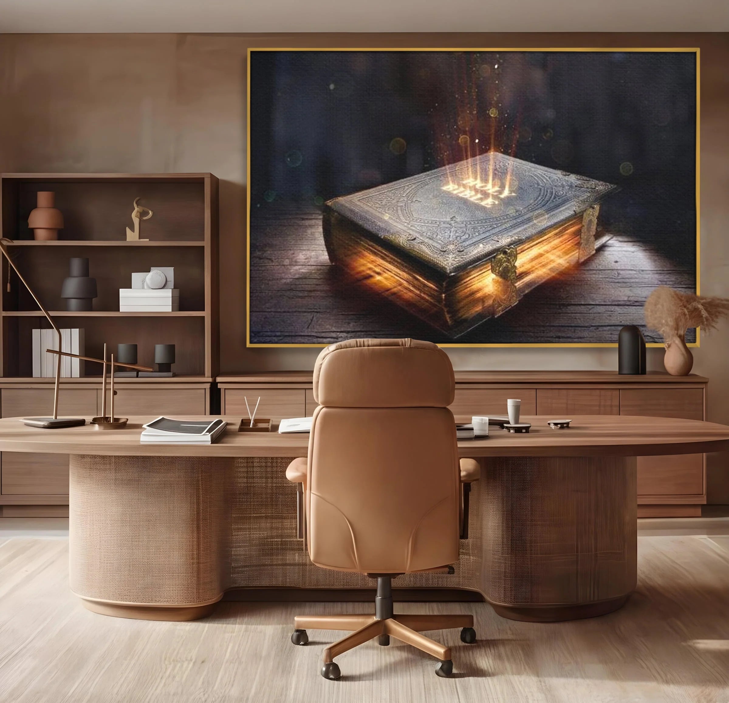 Tablou canvas cu ilustratie digitala cu o carte sacra stralucitoare, in rama de aluminiu auriu, pe perete intr-un birou