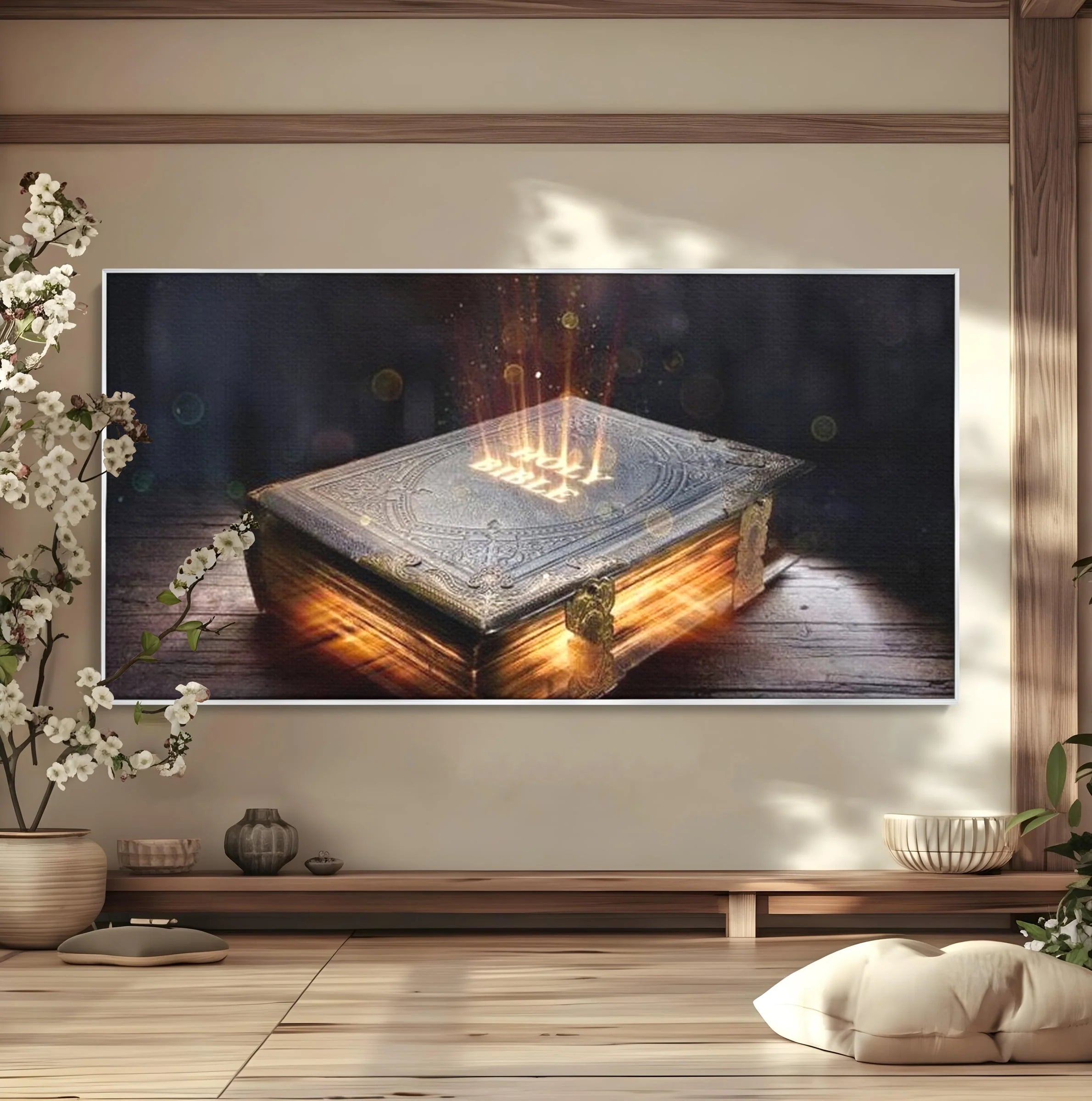 Tablou canvas cu ilustratie digitala cu o carte sacra stralucitoare, in rama de aluminiu argintiu