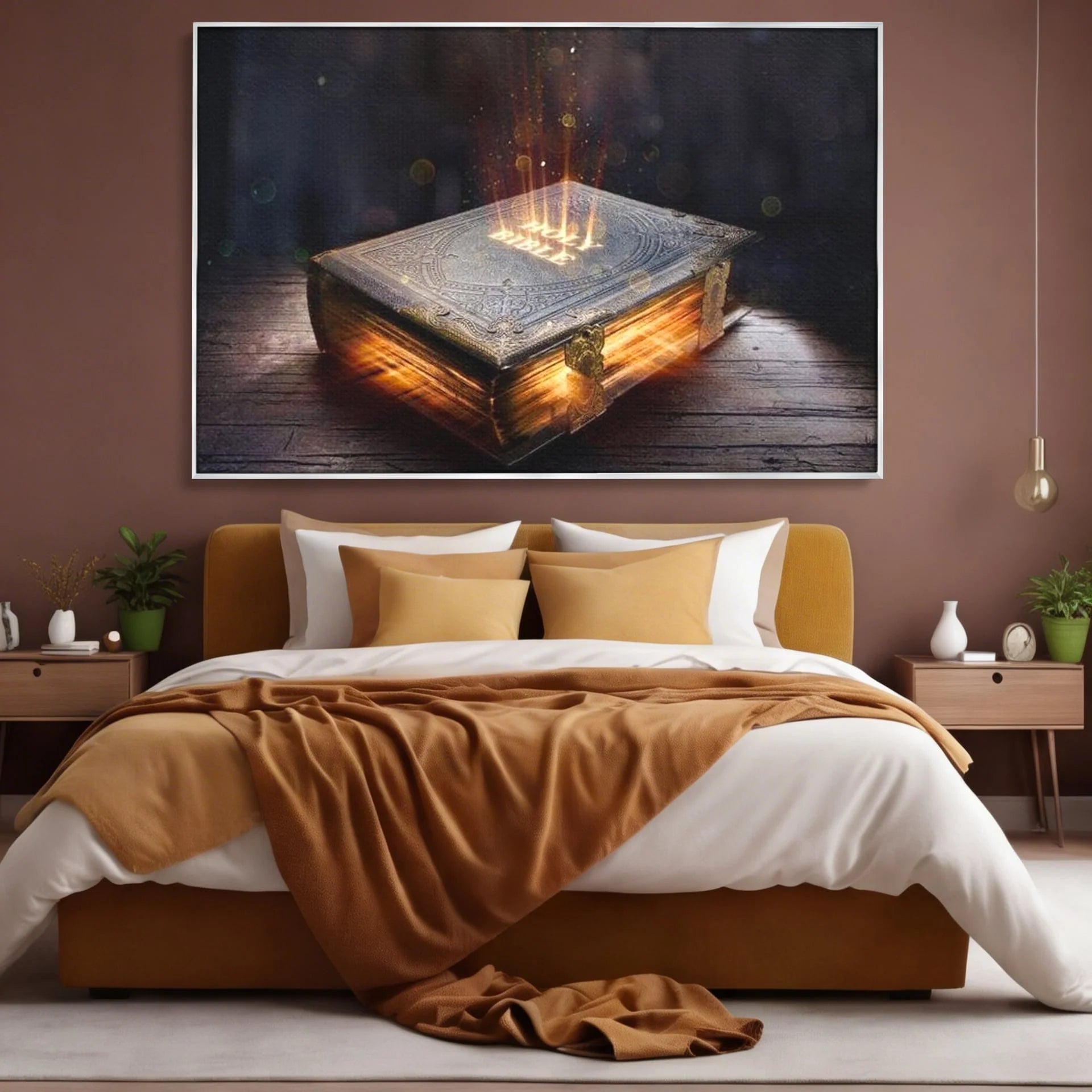 Tablou canvas cu ilustratie digitala cu o carte sacra stralucitoare, in rama de aluminiu argintiu, pe perete intr-un dormitor