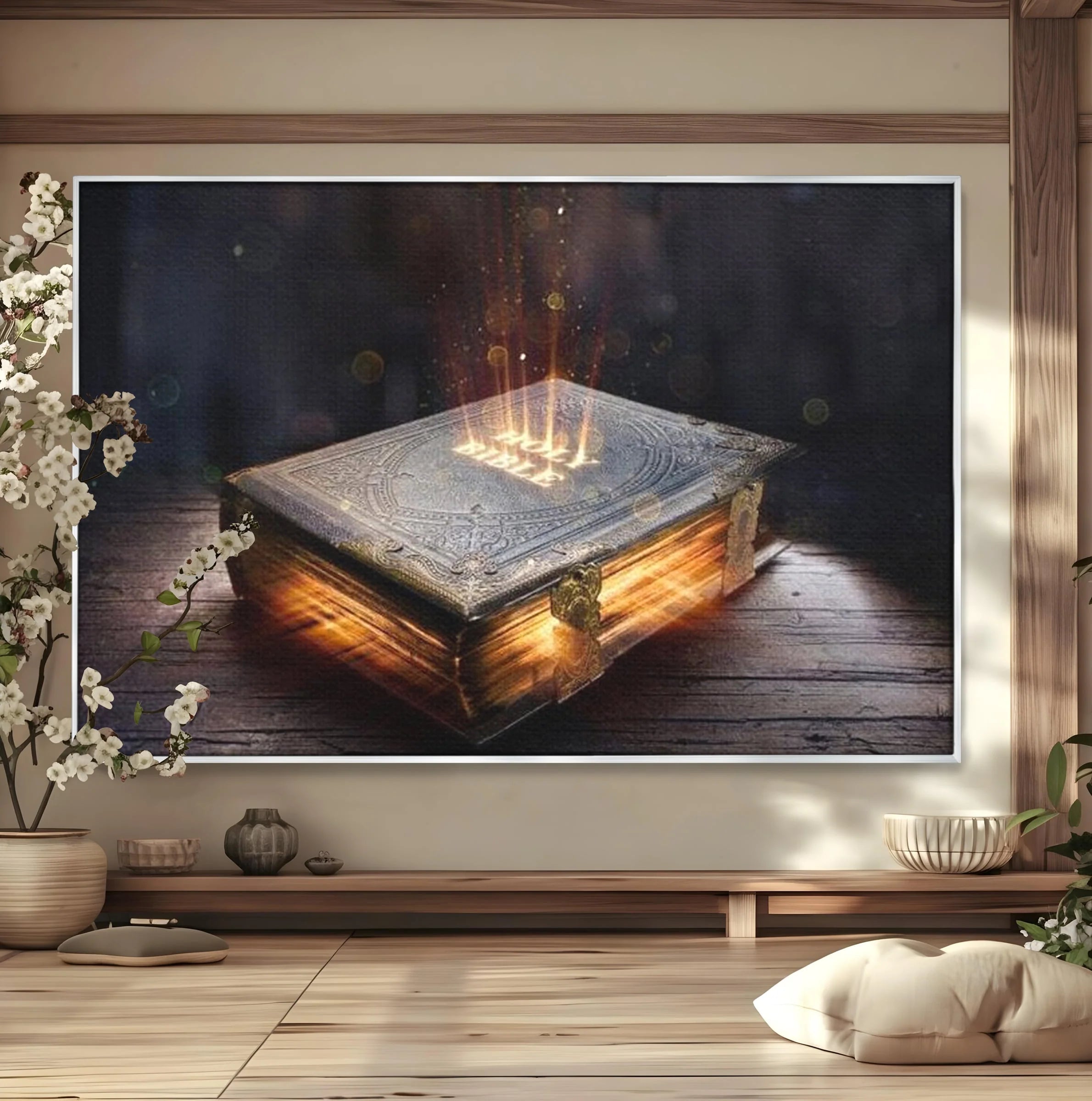 Tablou canvas cu ilustratie digitala cu o carte sacra stralucitoare, in rama de aluminiu argintiu