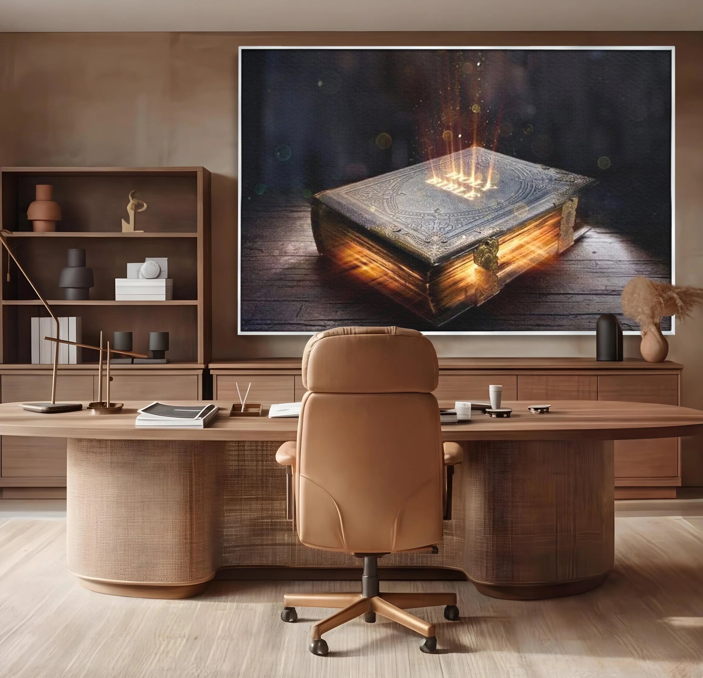 Tablou canvas cu ilustratie digitala cu o carte sacra stralucitoare, in rama de aluminiu argintiu, pe perete intr-un birou