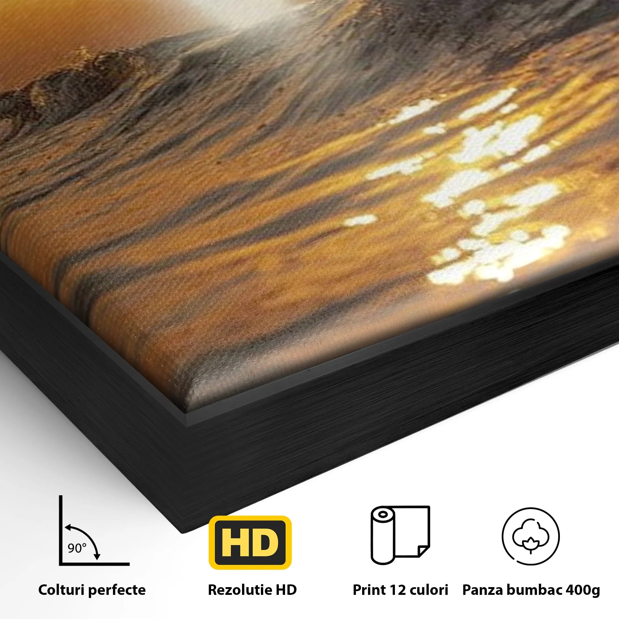 Detaliu al suprafetei: tablou canvas cu apus si cruce pe apa, in rama de aluminiu negru