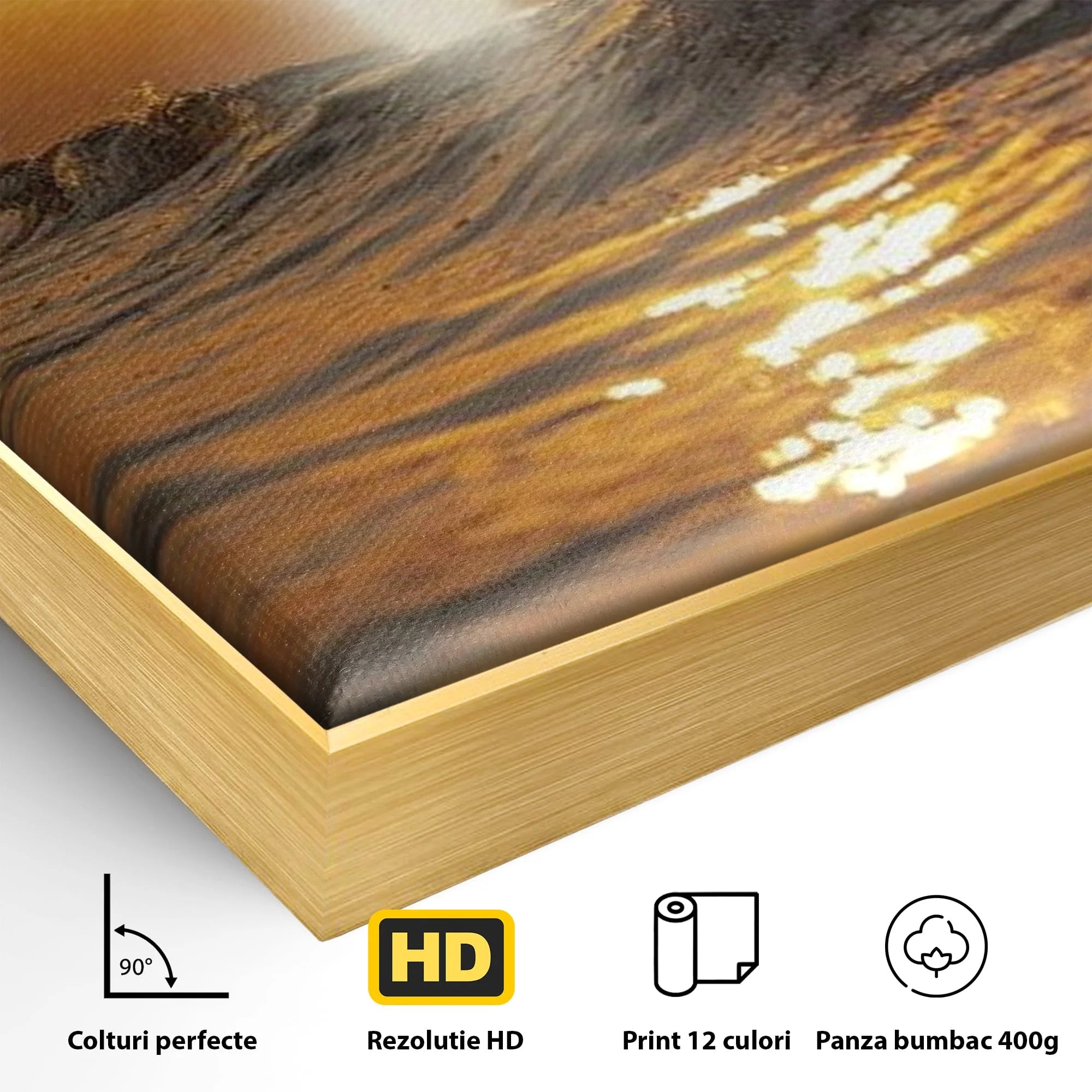 Detaliu al suprafetei: tablou canvas cu apus si cruce pe apa, in rama de aluminiu auriu