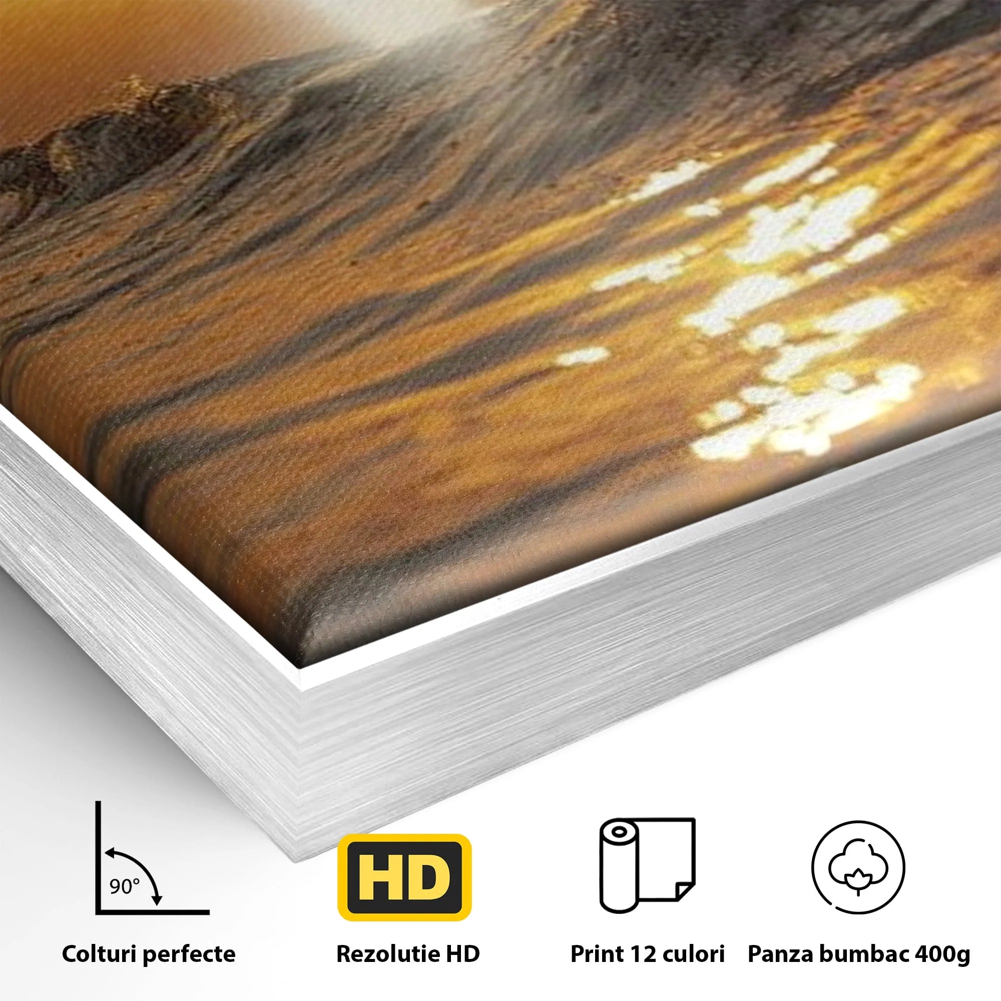 Detaliu al suprafetei: tablou canvas cu apus si cruce pe apa, in rama de aluminiu argintiu