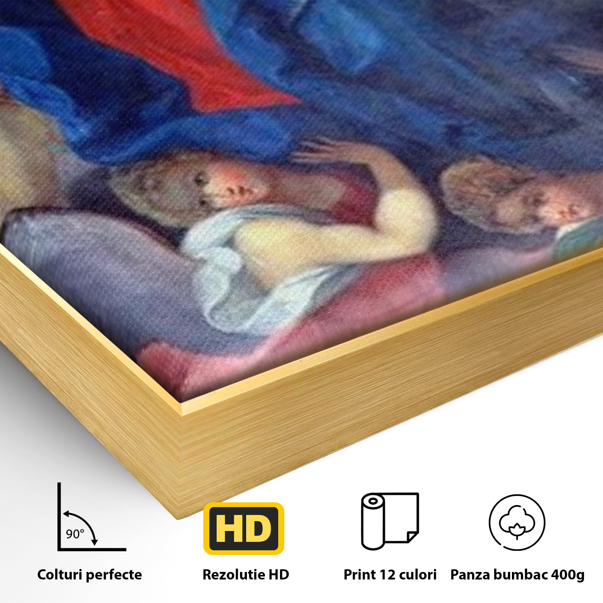 Detaliu al suprafetei: tablou canvas cu fecioara si ingeri, in rama de aluminiu auriu