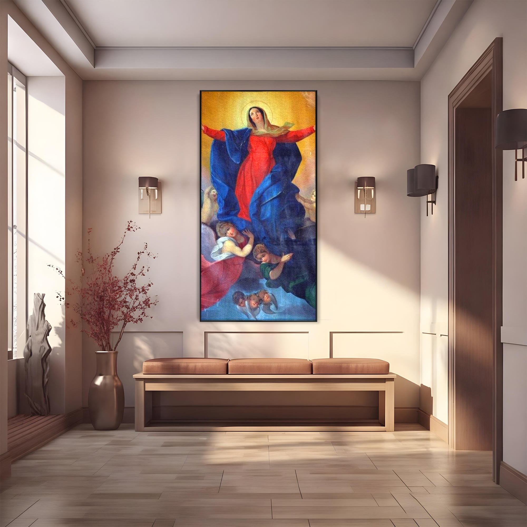 Tablou canvas cu tablou canvas cu fecioara si ingeri, in rama de aluminiu negru