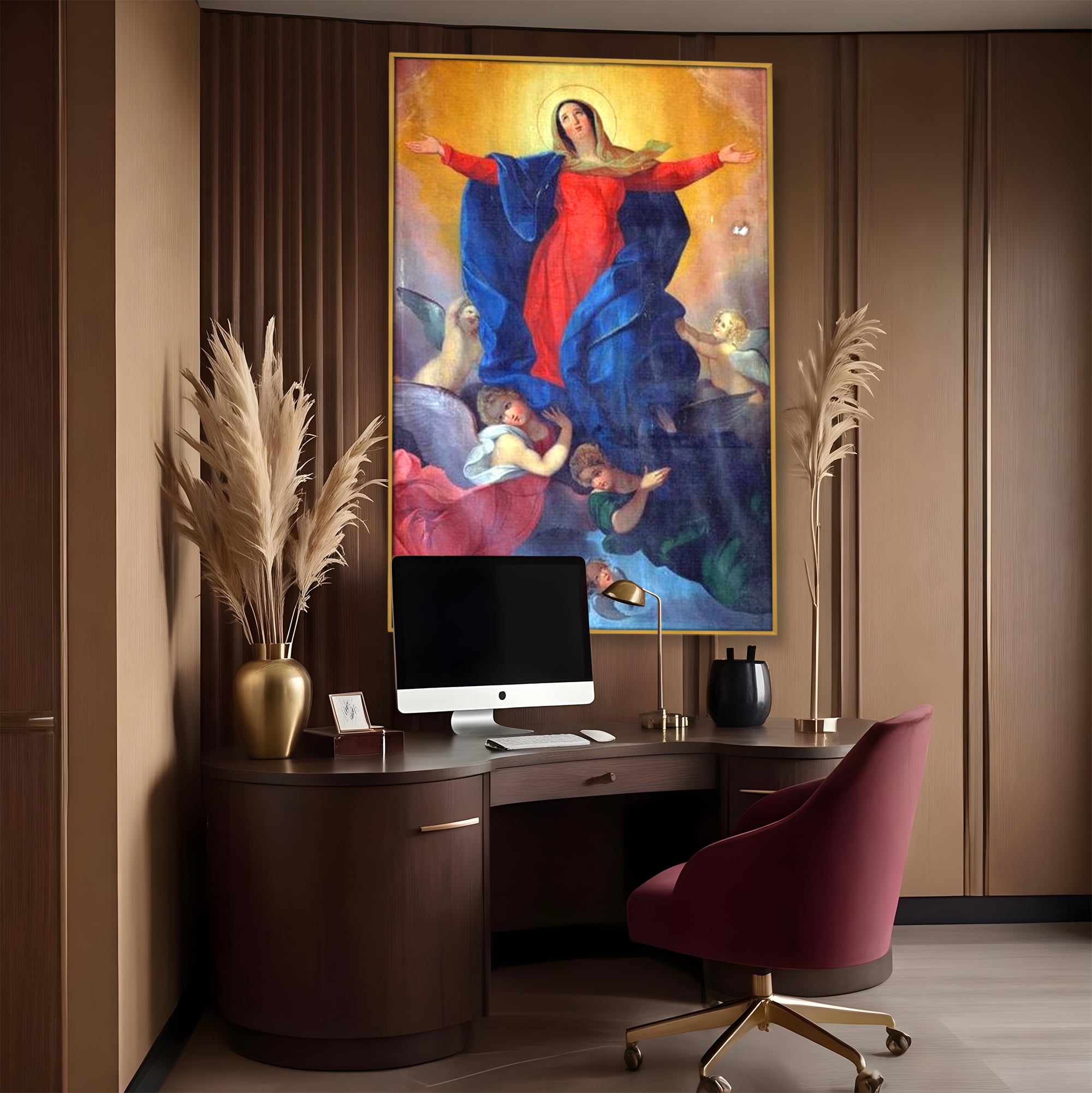 Tablou canvas cu tablou canvas cu fecioara si ingeri, in rama de aluminiu auriu, pe perete intr-un birou