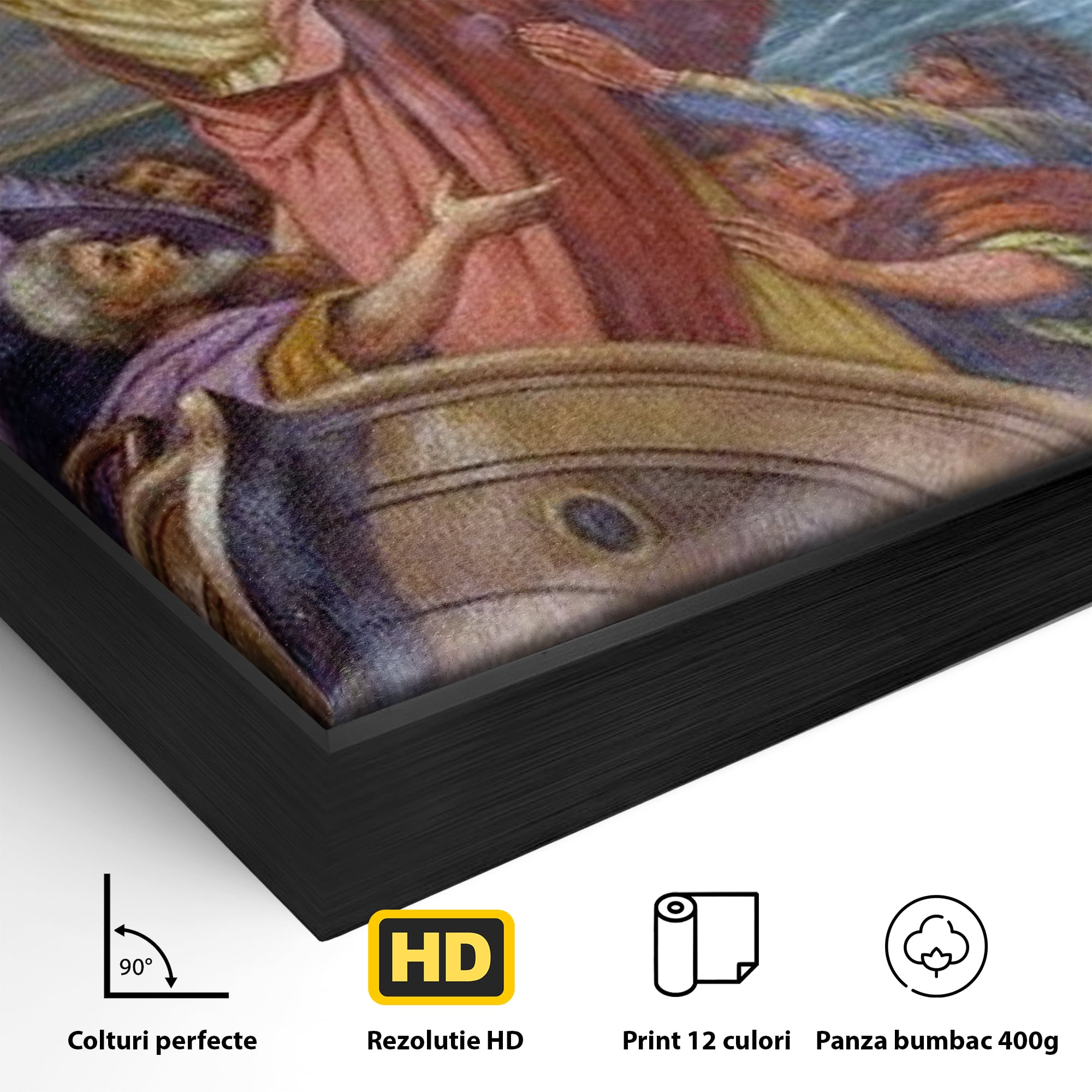 Detaliu al suprafetei: tablou canvas cu iisus calcand pe ape, in rama de aluminiu negru