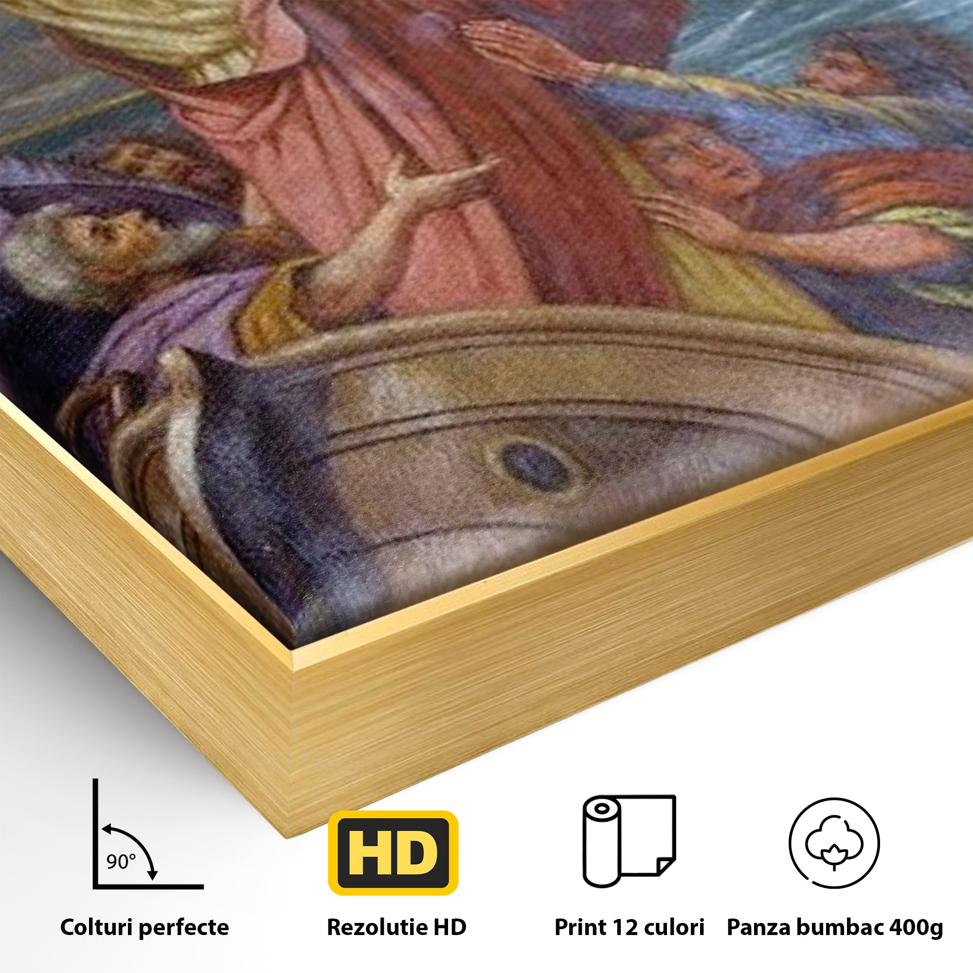 Detaliu al suprafetei: tablou canvas cu iisus calcand pe ape, in rama de aluminiu auriu