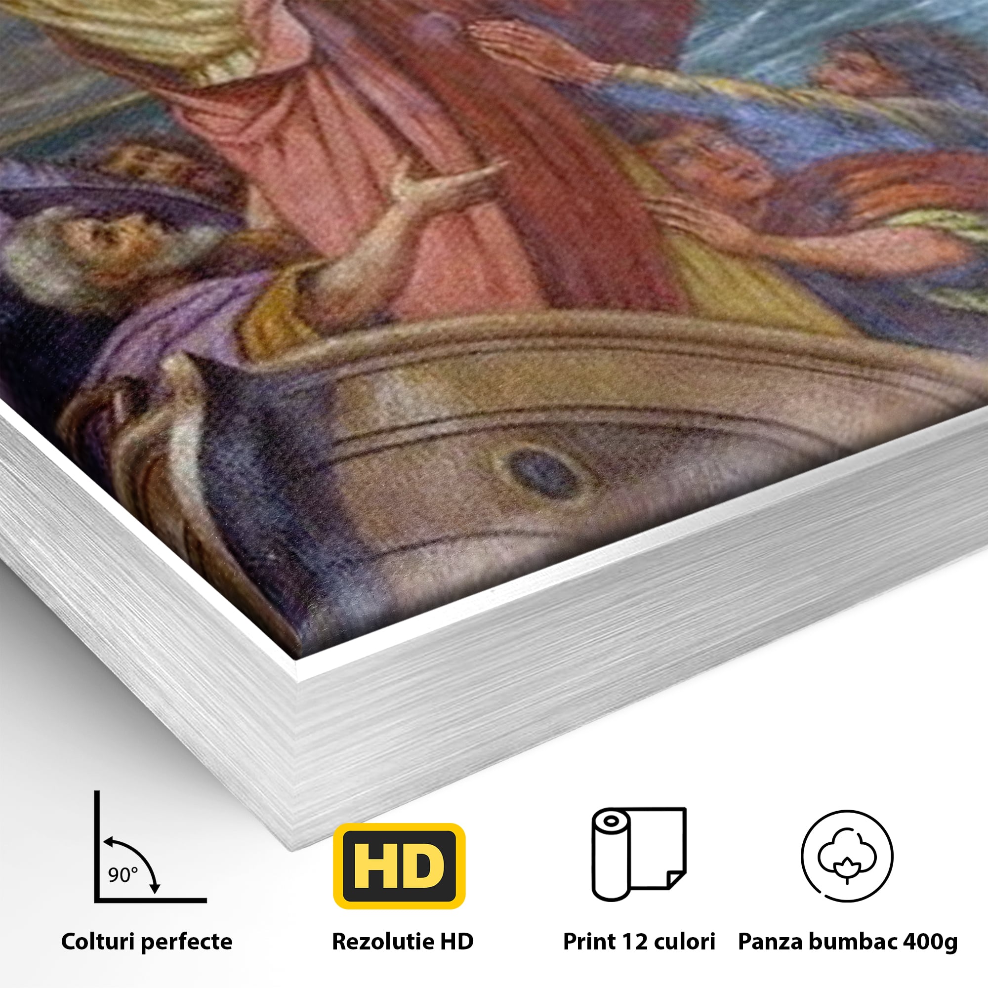 Detaliu al suprafetei: tablou canvas cu iisus calcand pe ape, in rama de aluminiu argintiu