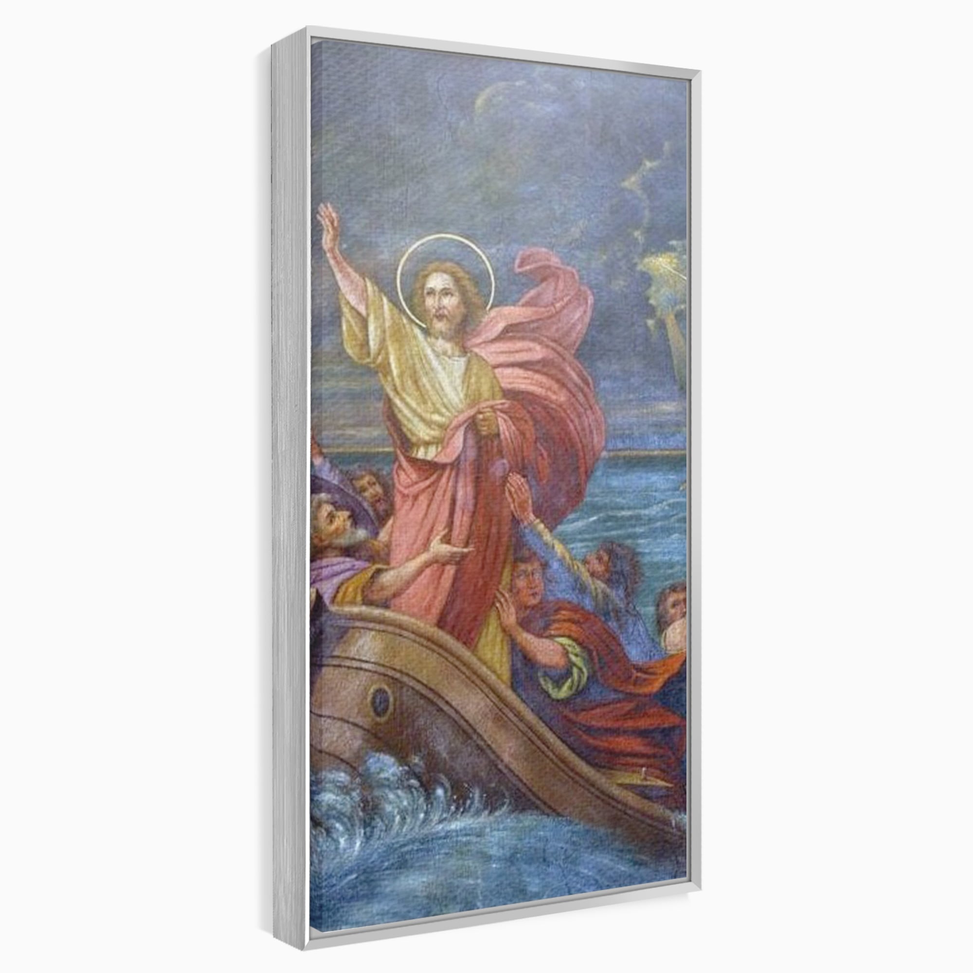 Tablou canvas cu tablou canvas cu iisus calcand pe ape, in rama de aluminiu argintiu