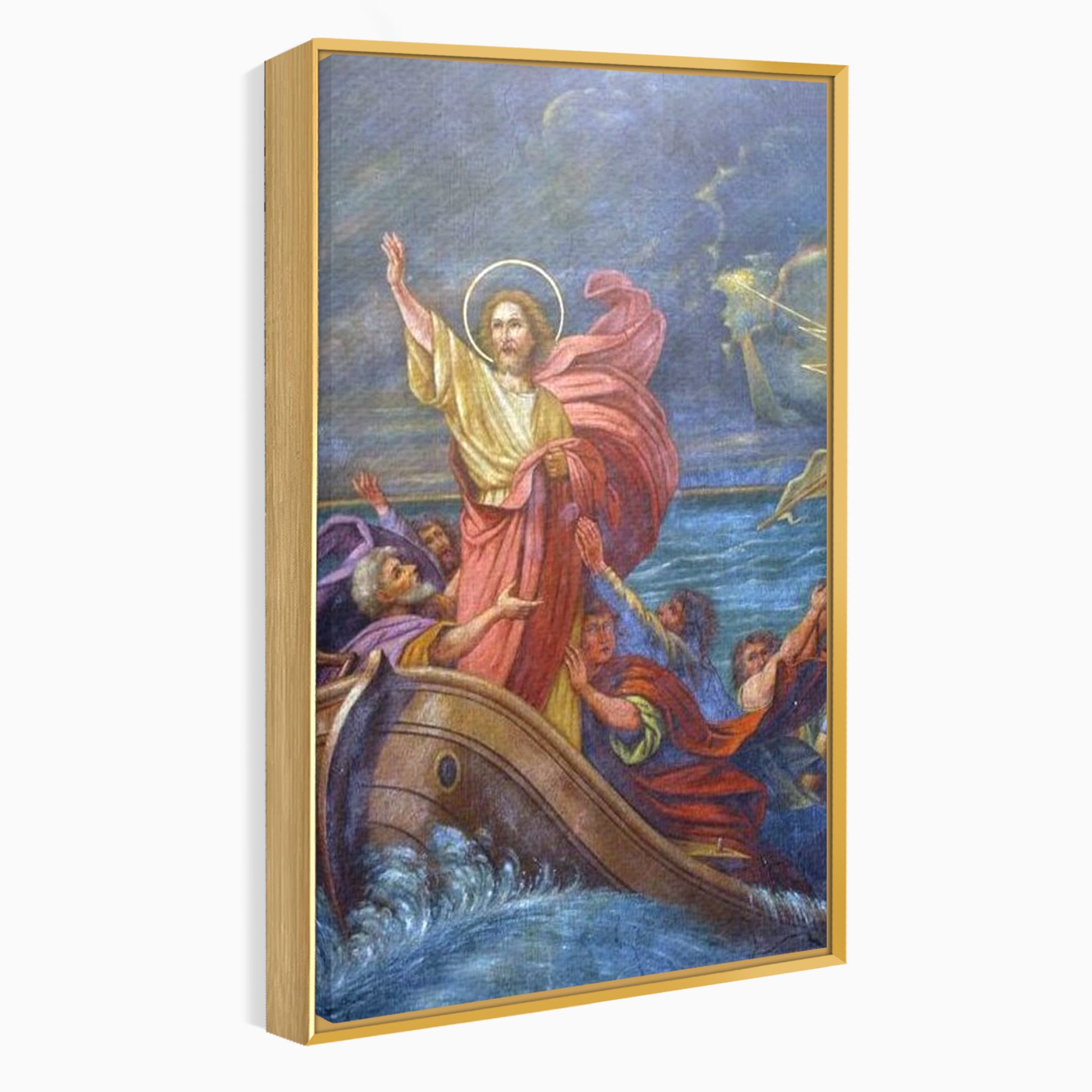 Tablou canvas cu tablou canvas cu iisus calcand pe ape, in rama de aluminiu auriu