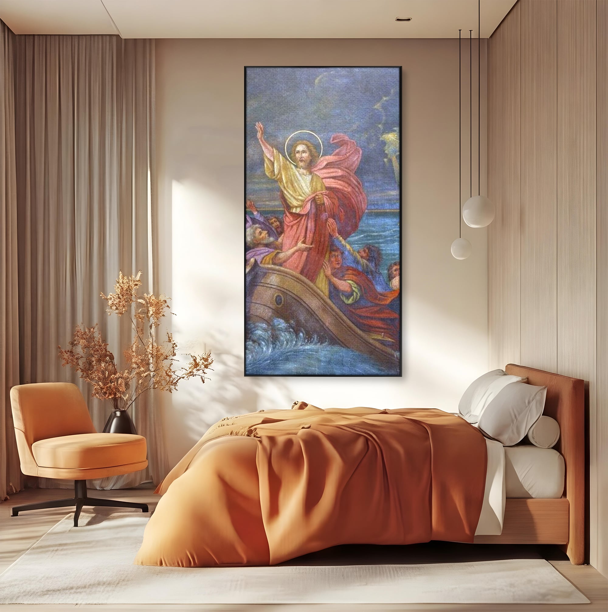 Tablou canvas cu tablou canvas cu iisus calcand pe ape, in rama de aluminiu negru, pe perete intr-un dormitor