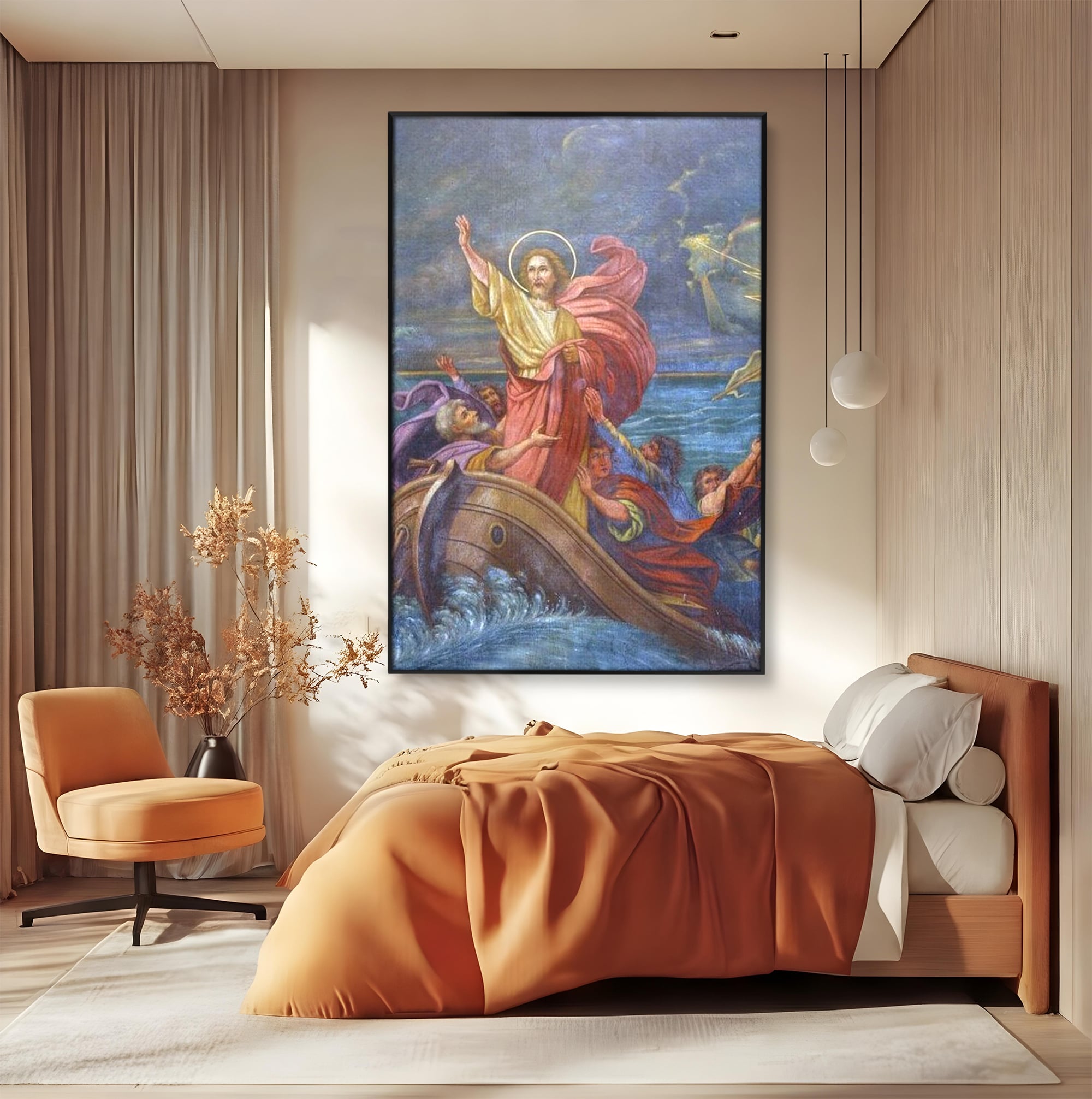 Tablou canvas cu tablou canvas cu iisus calcand pe ape, in rama de aluminiu negru, pe perete intr-un dormitor