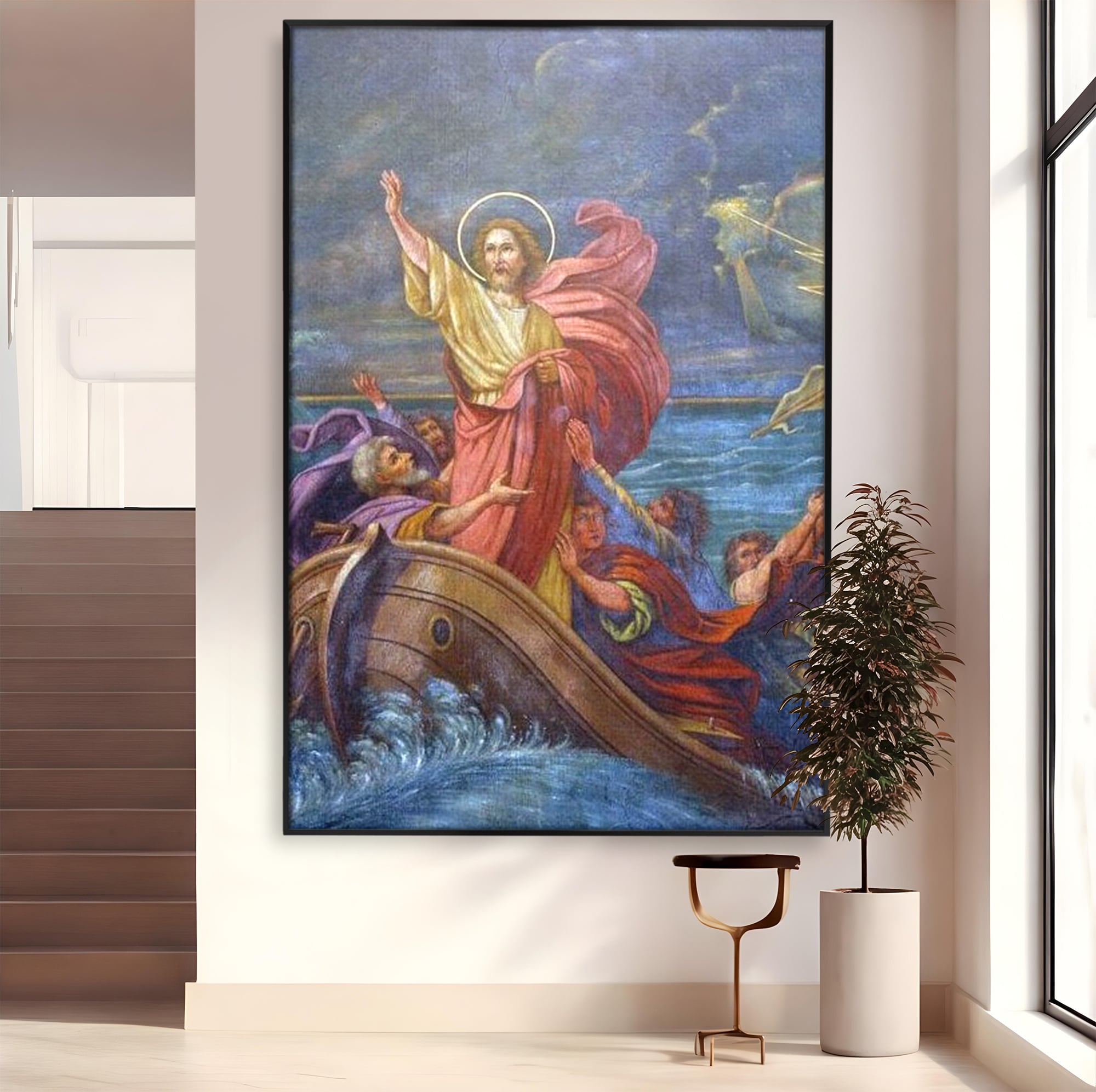 Tablou canvas cu tablou canvas cu iisus calcand pe ape, in rama de aluminiu negru
