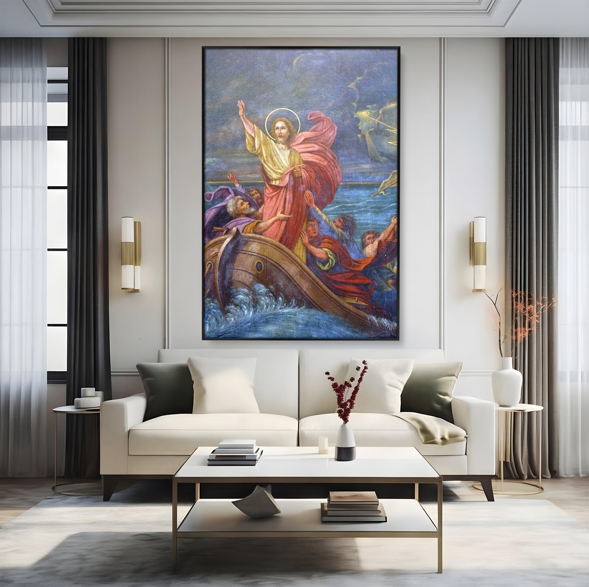 Tablou canvas cu tablou canvas cu iisus calcand pe ape, in rama de aluminiu negru, pe perete intr-un living