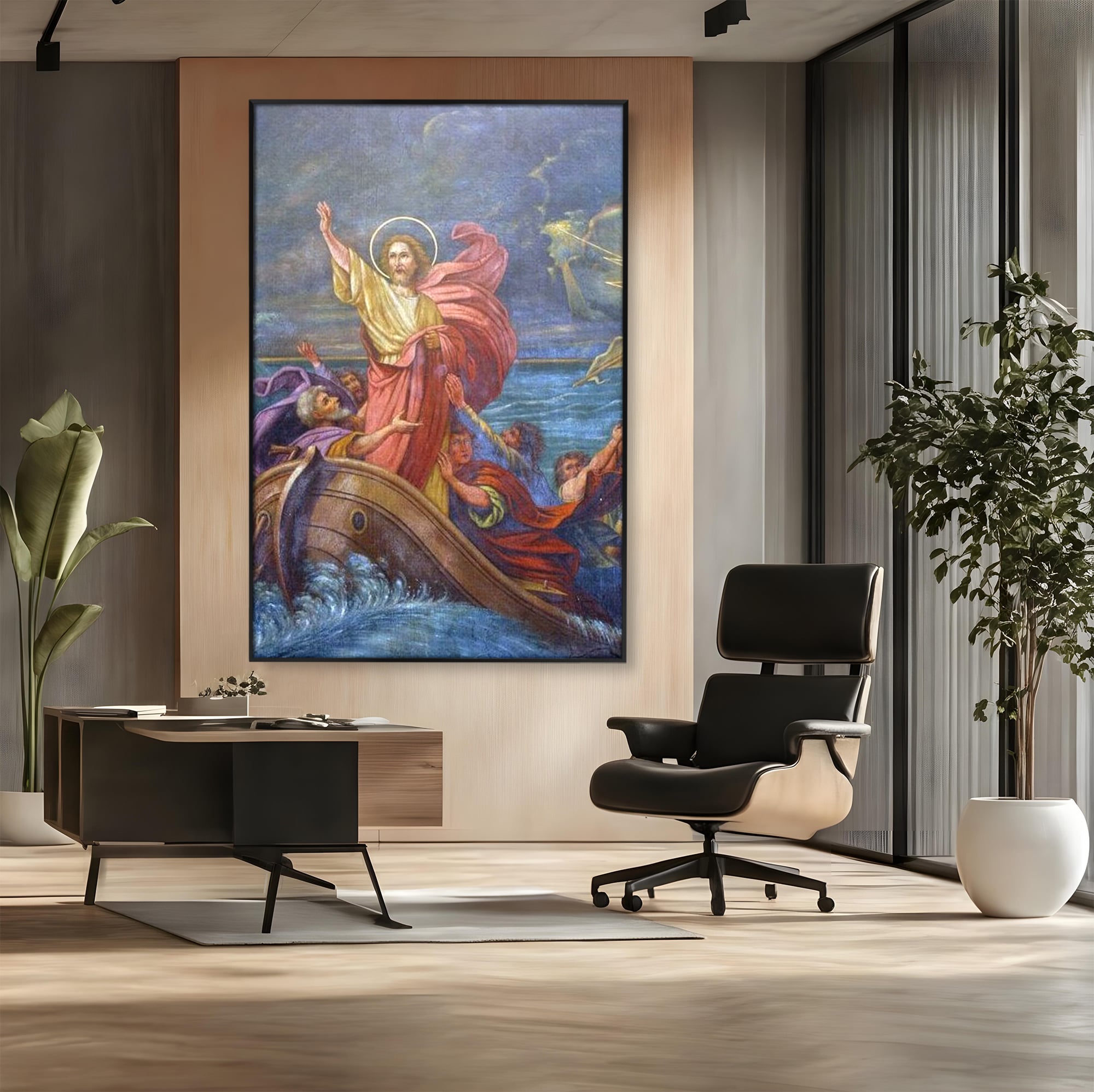 Tablou canvas cu tablou canvas cu iisus calcand pe ape, in rama de aluminiu negru, pe perete intr-un birou