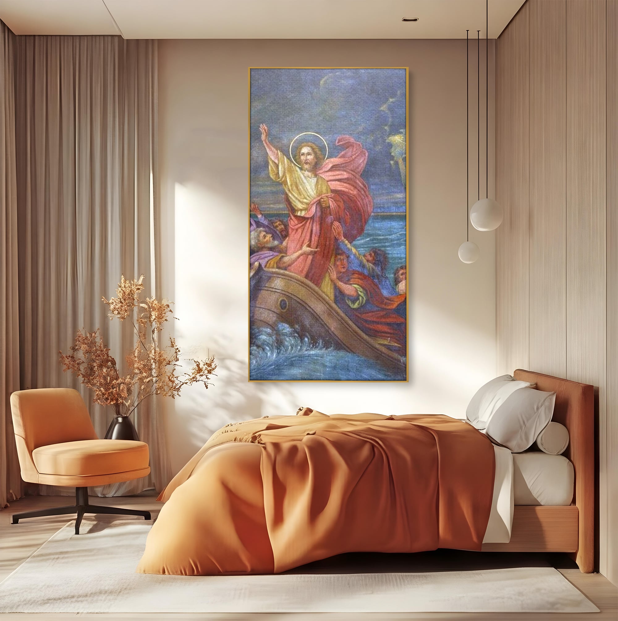 Tablou canvas cu tablou canvas cu iisus calcand pe ape, in rama de aluminiu auriu, pe perete intr-un dormitor