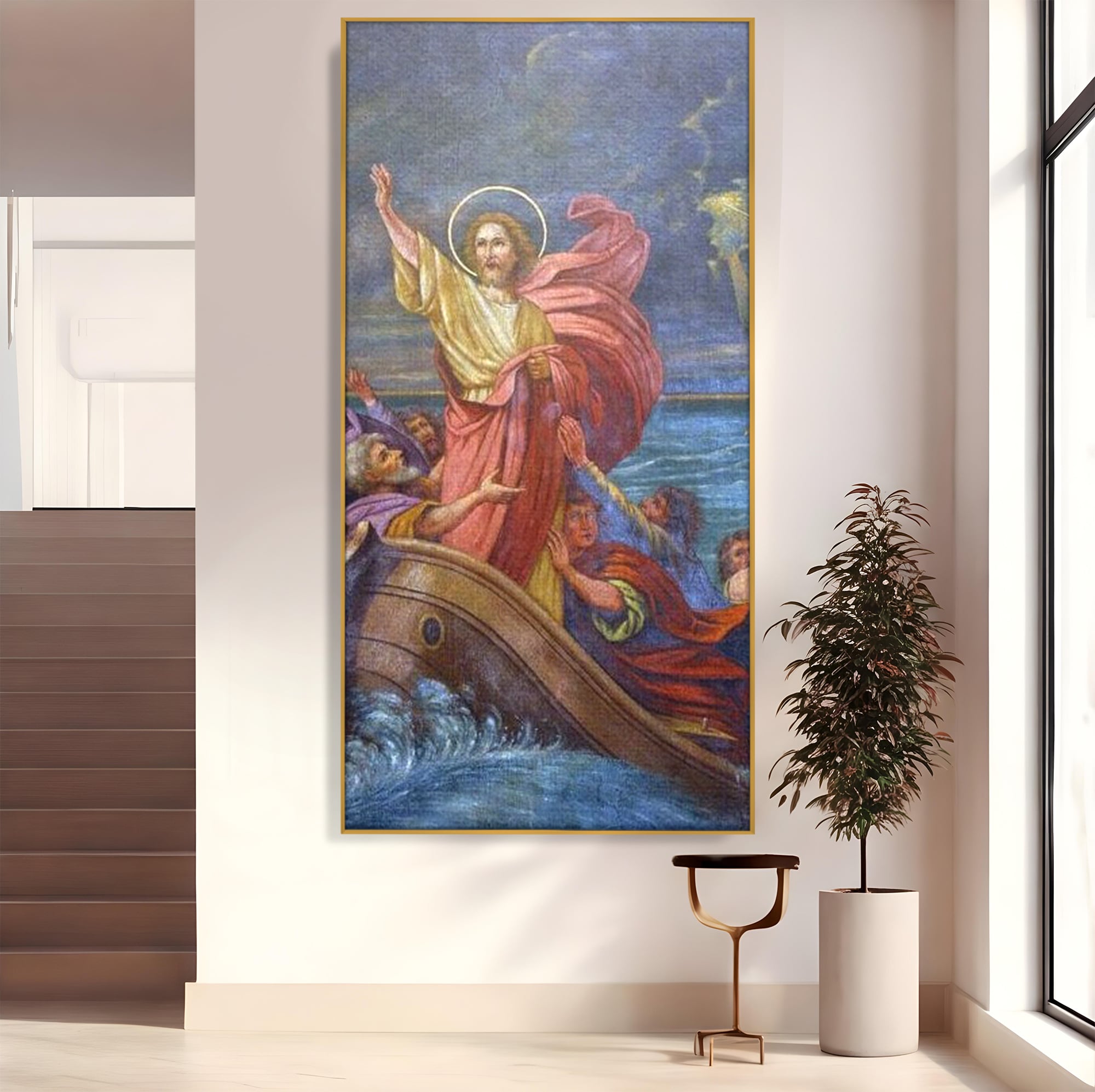 Tablou canvas cu tablou canvas cu iisus calcand pe ape, in rama de aluminiu auriu