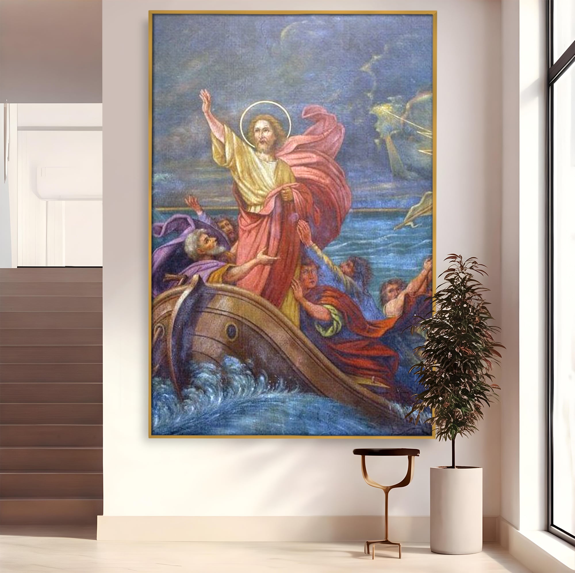 Tablou canvas cu tablou canvas cu iisus calcand pe ape, in rama de aluminiu auriu