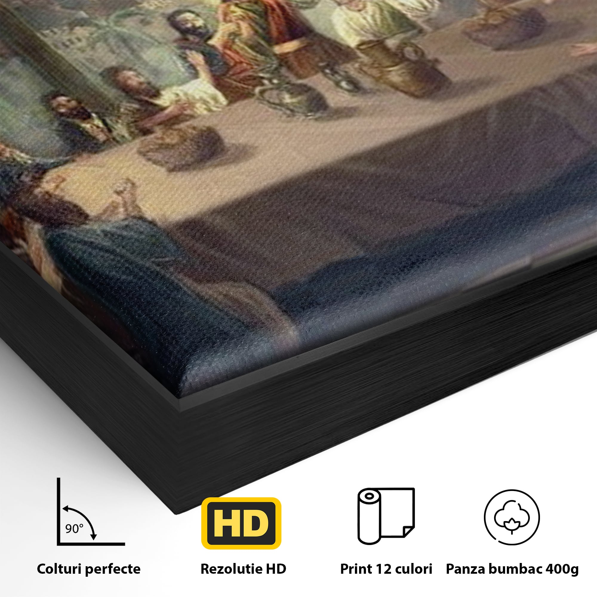 Detaliu al suprafetei: tablou canvas cina cea de taina, in rama de aluminiu negru