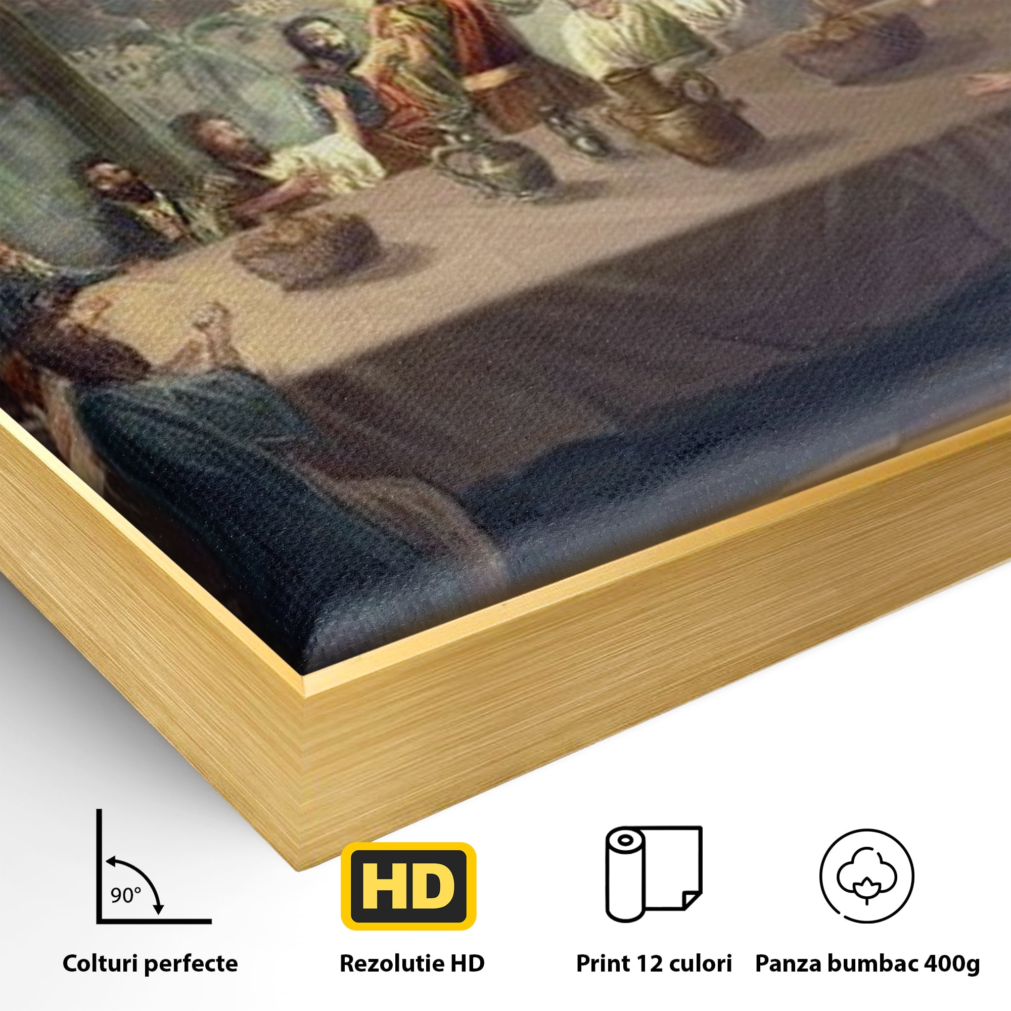 Detaliu al suprafetei: tablou canvas cina cea de taina, in rama de aluminiu auriu