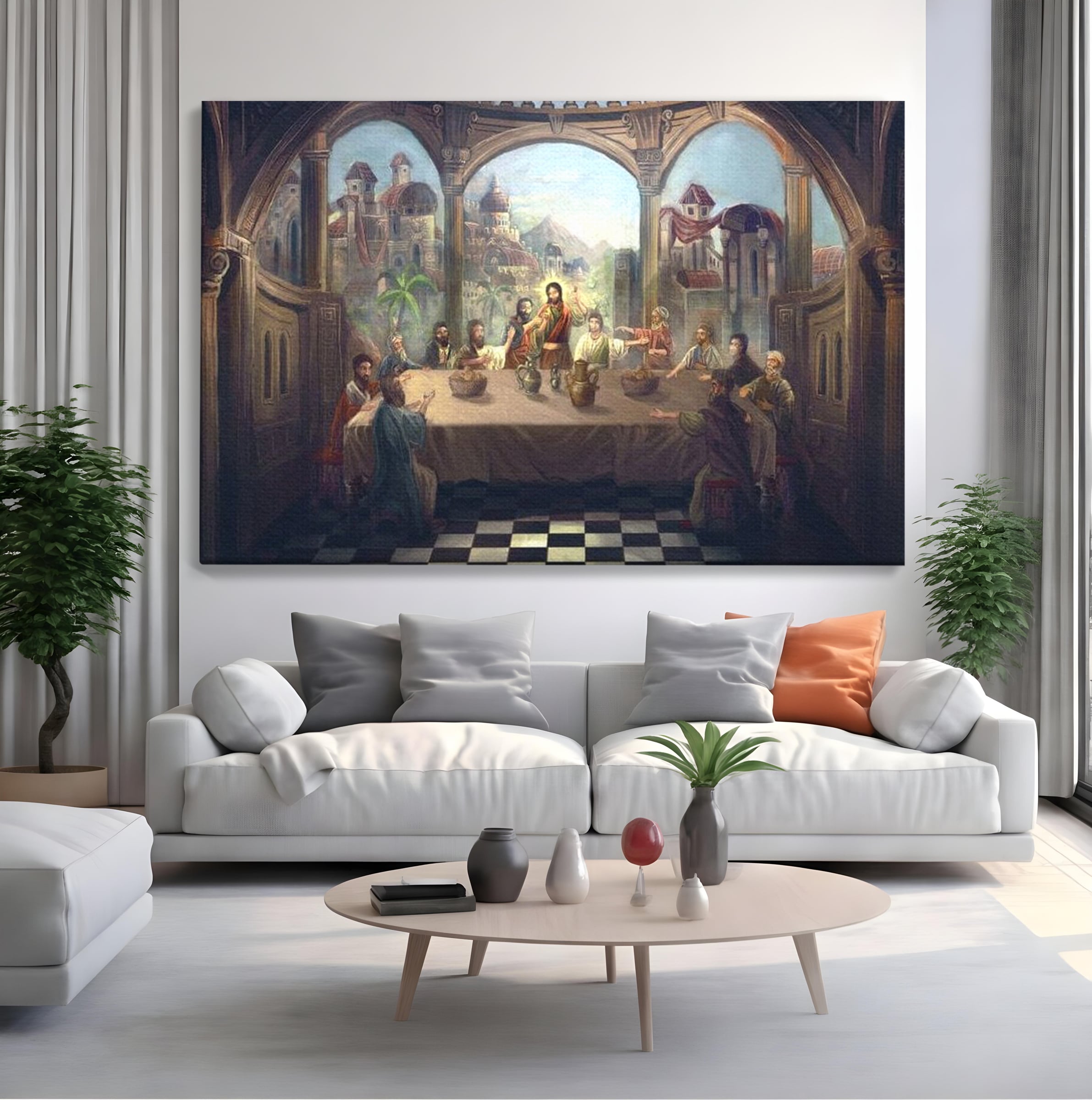 Tablou canvas cu tablou canvas cina cea de taina, fara rama, pe sasiu de lemn, pe perete intr-un living