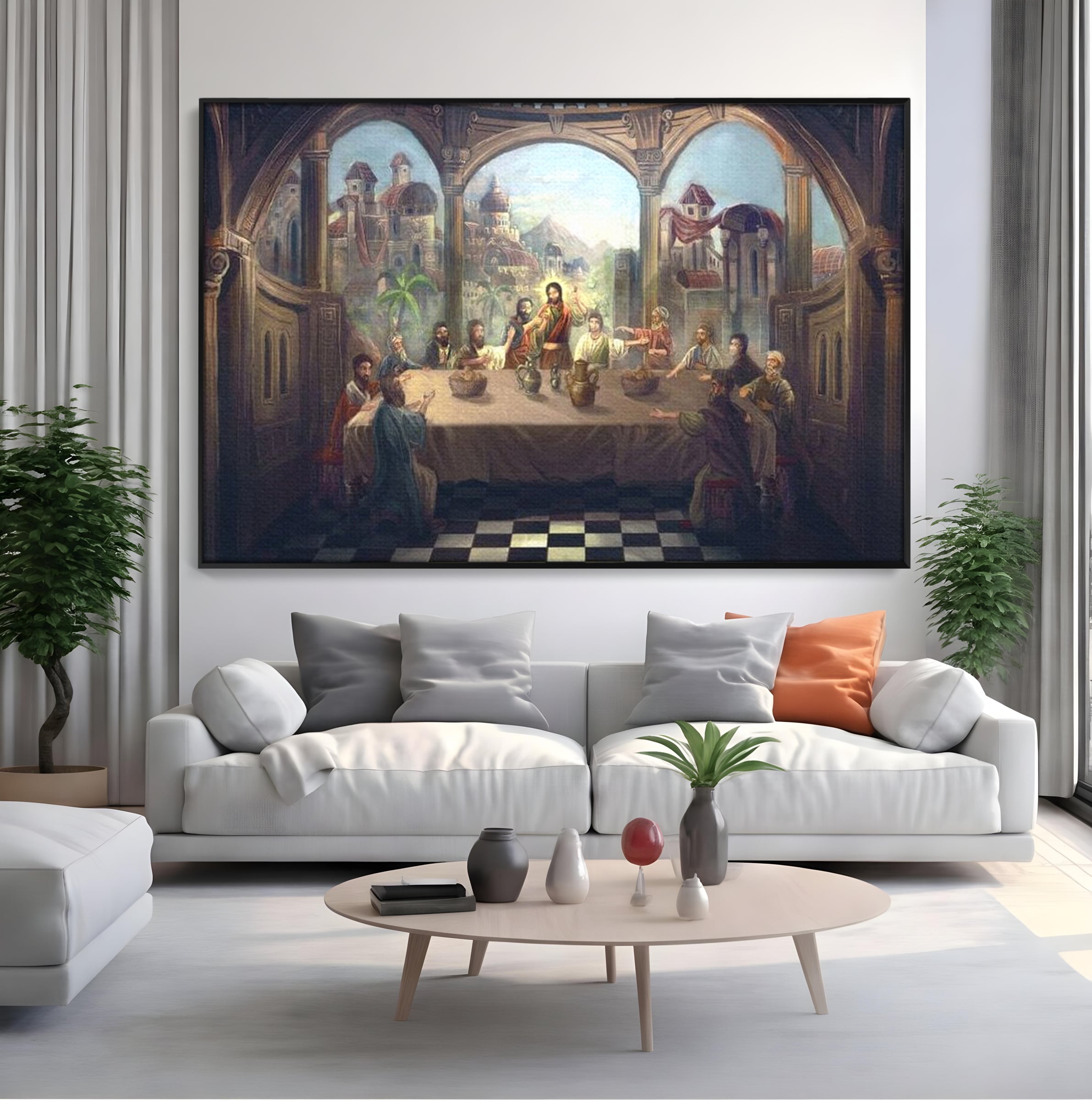 Tablou canvas cu tablou canvas cina cea de taina, in rama de aluminiu negru, pe perete intr-un living