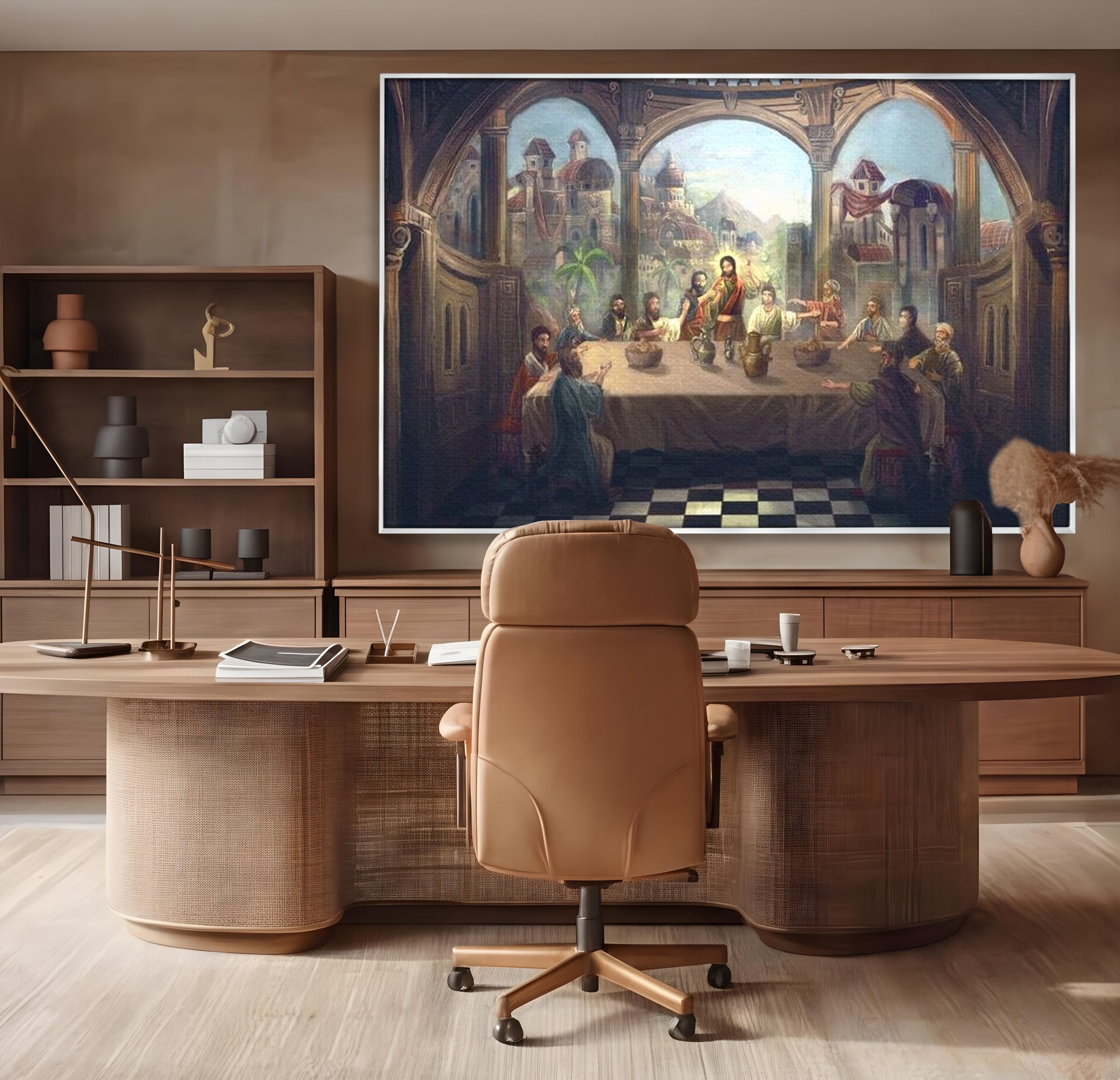 Tablou canvas cu tablou canvas cina cea de taina, in rama de aluminiu argintiu, pe perete intr-un birou