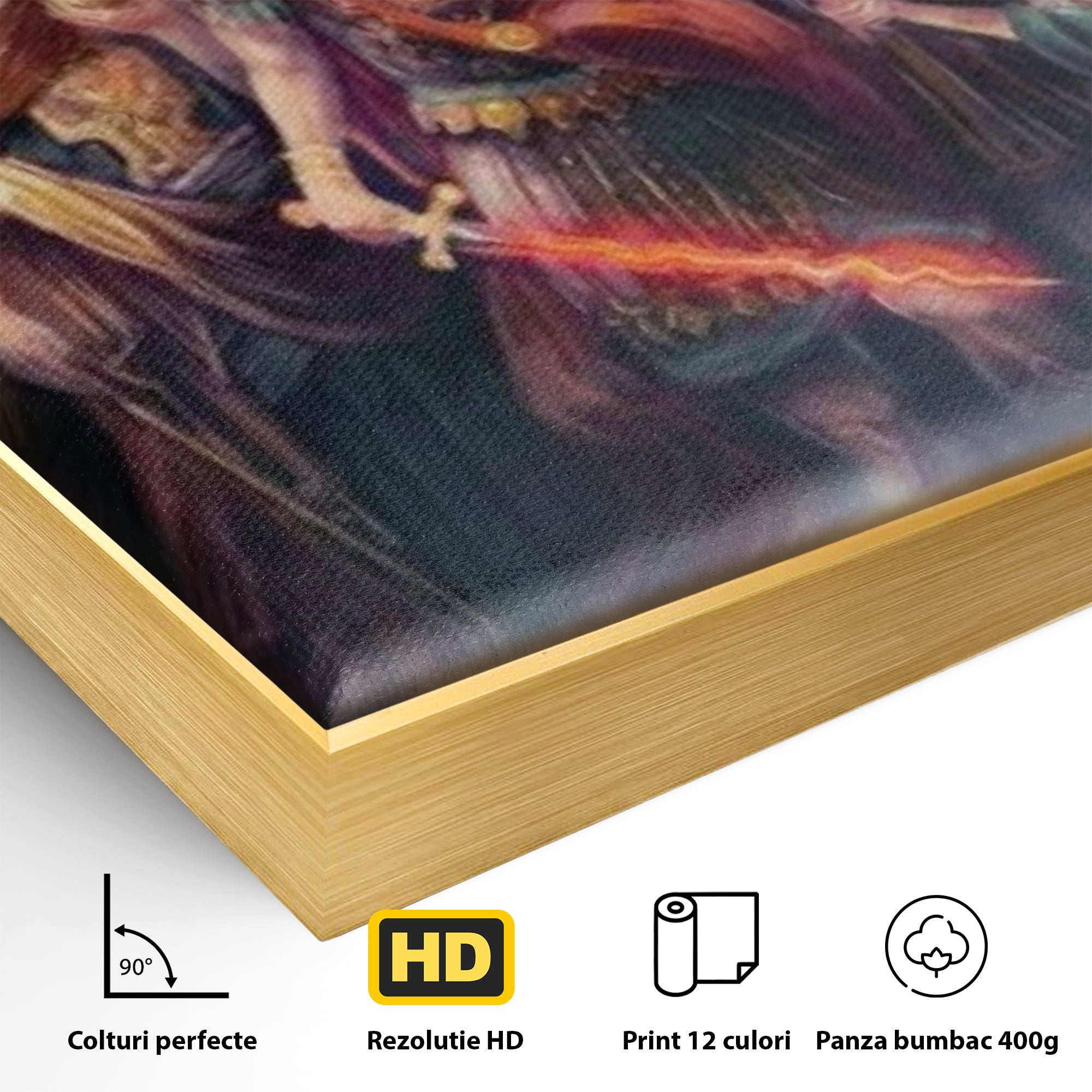 Detaliu al suprafetei: tablou canvas cu sapte arhangheli si sabie luminata, in rama de aluminiu auriu