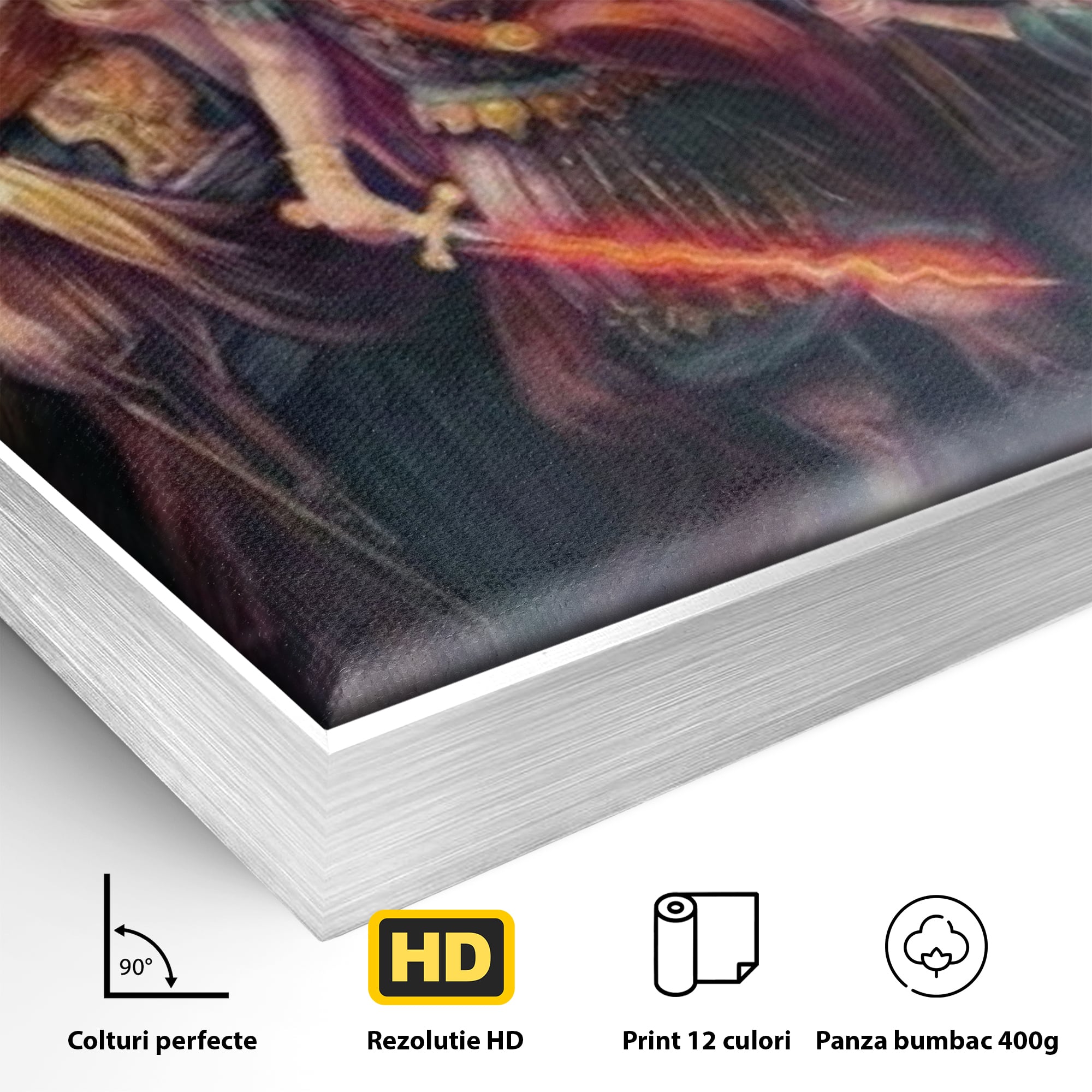Detaliu al suprafetei: tablou canvas cu sapte arhangheli si sabie luminata, in rama de aluminiu argintiu