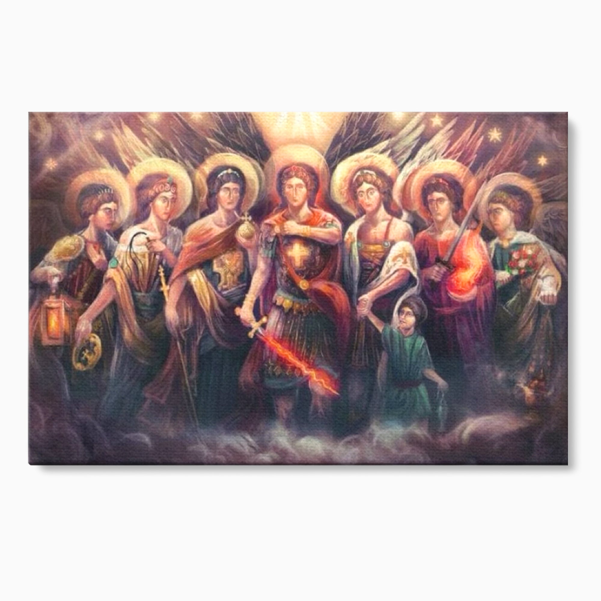 Tablou canvas cu tablou canvas cu sapte arhangheli si sabie luminata, fara rama, pe sasiu de lemn