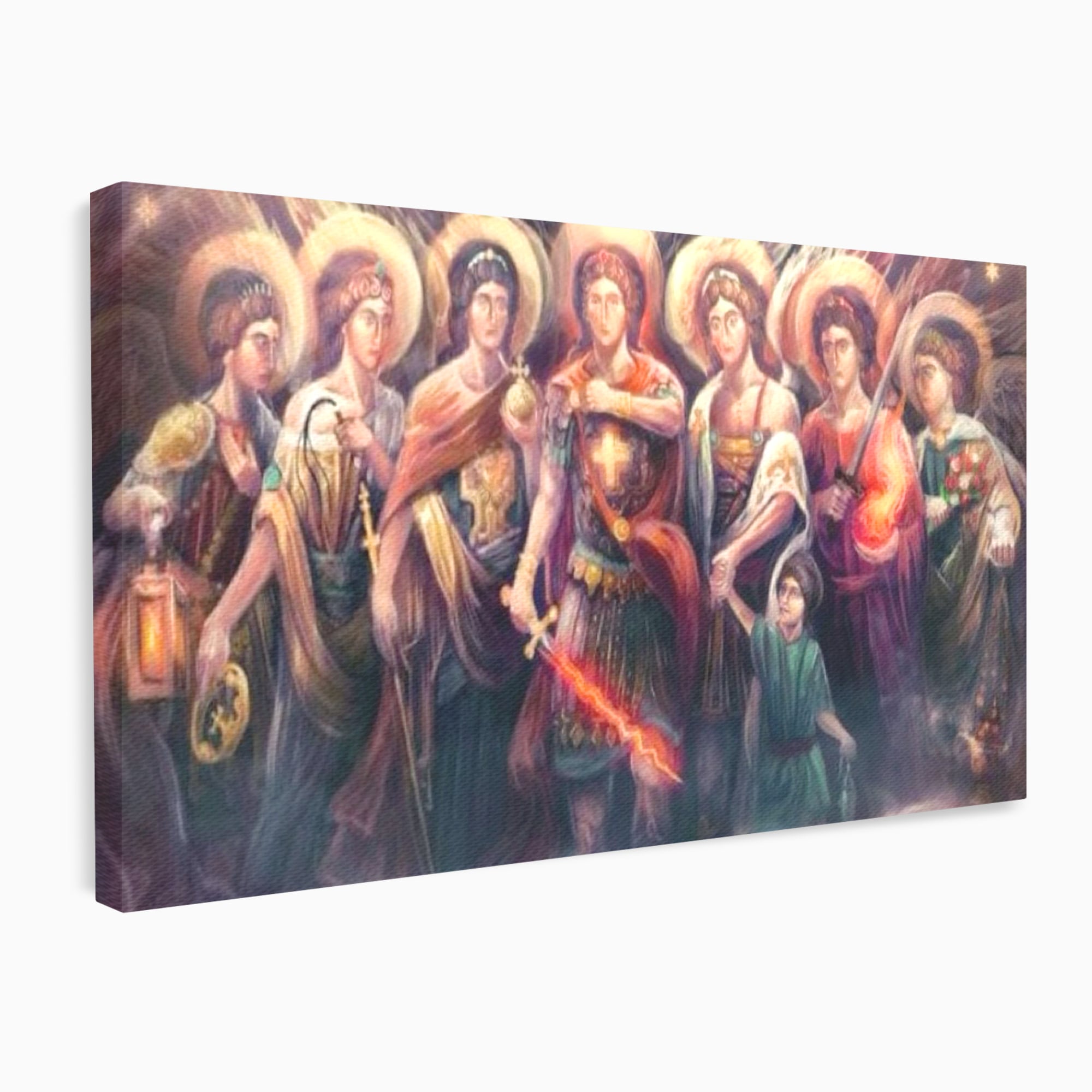 Tablou canvas cu tablou canvas cu sapte arhangheli si sabie luminata, fara rama, pe sasiu de lemn