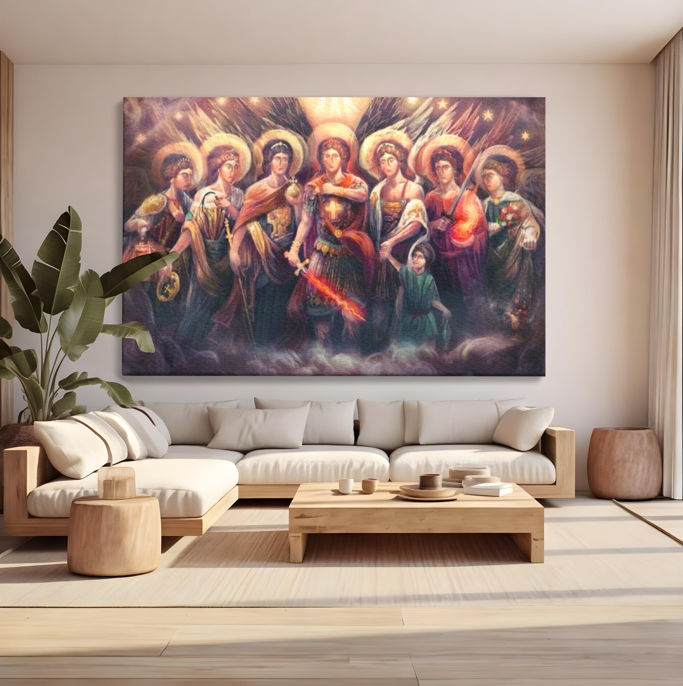 Tablou canvas cu tablou canvas cu sapte arhangheli si sabie luminata, fara rama, pe sasiu de lemn, pe perete intr-un living