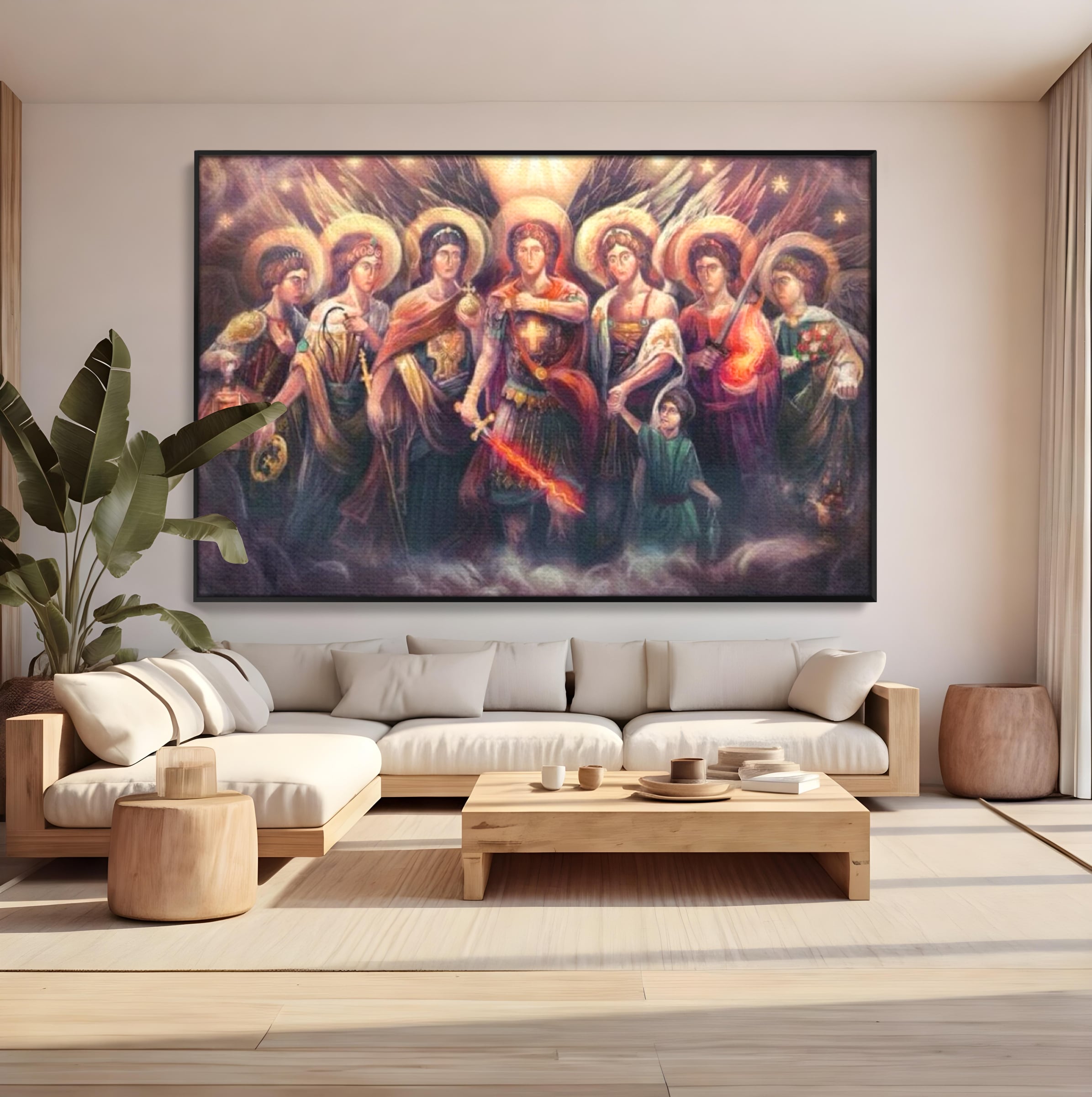 Tablou canvas cu tablou canvas cu sapte arhangheli si sabie luminata, in rama de aluminiu negru, pe perete intr-un living