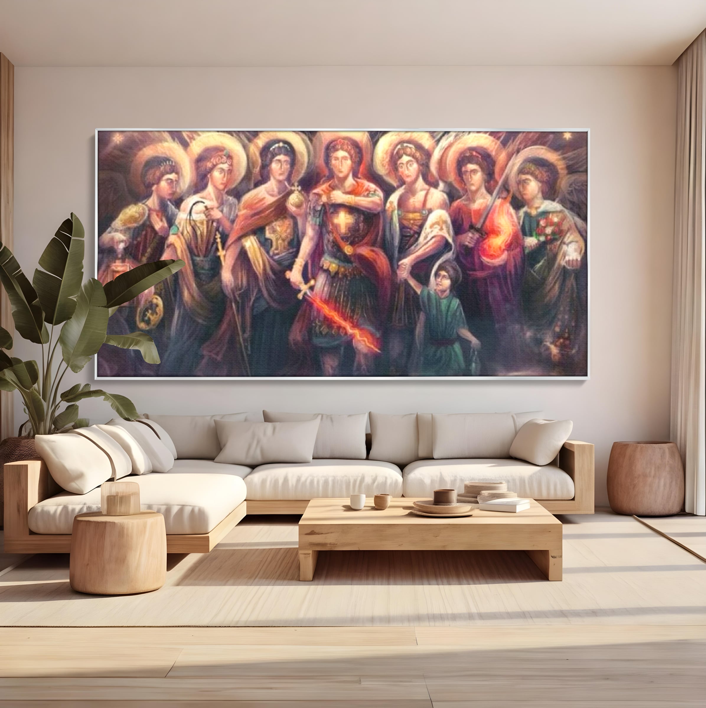 Tablou canvas cu tablou canvas cu sapte arhangheli si sabie luminata, in rama de aluminiu argintiu, pe perete intr-un living