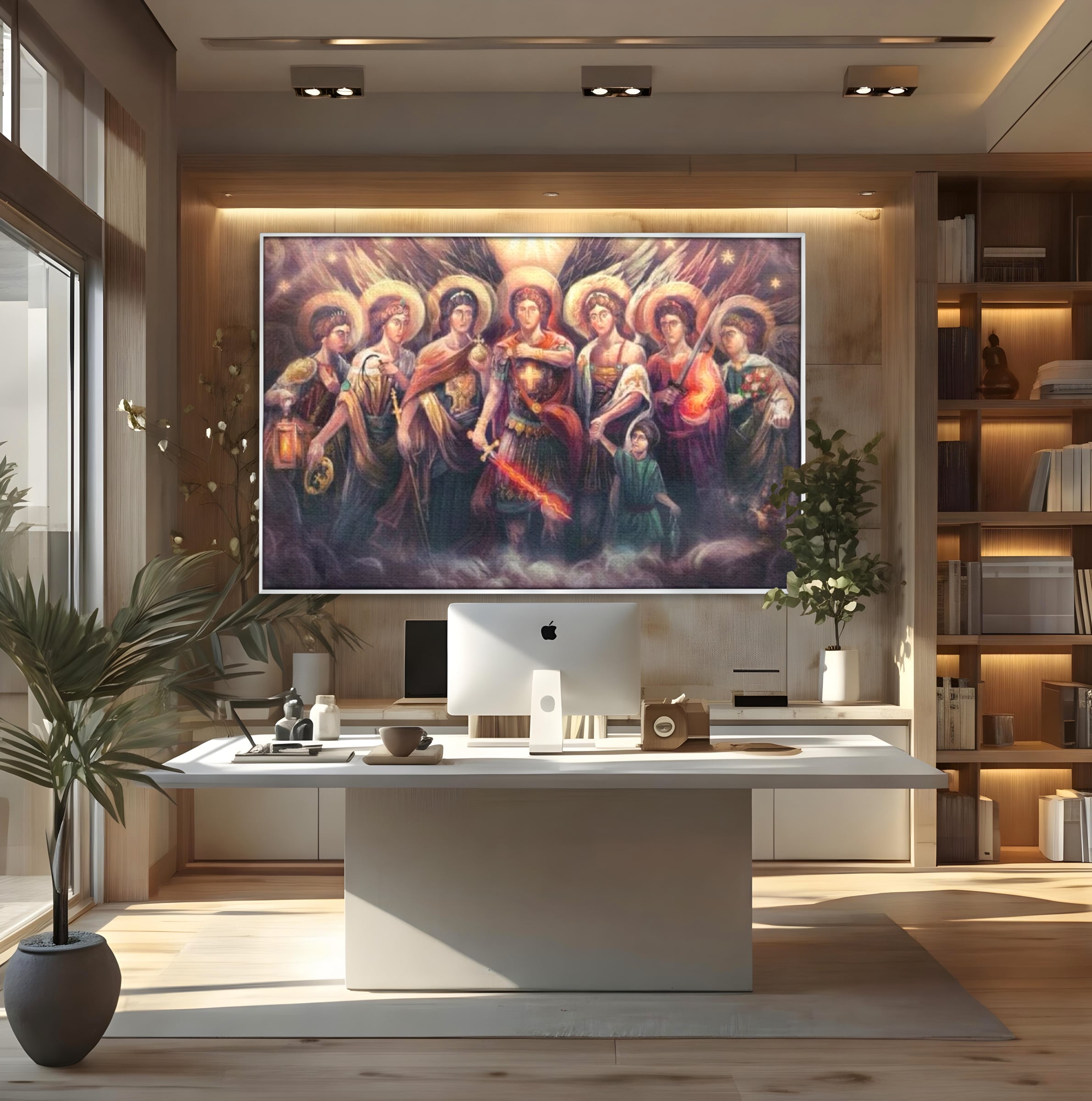 Tablou canvas cu tablou canvas cu sapte arhangheli si sabie luminata, in rama de aluminiu argintiu, pe perete intr-un birou