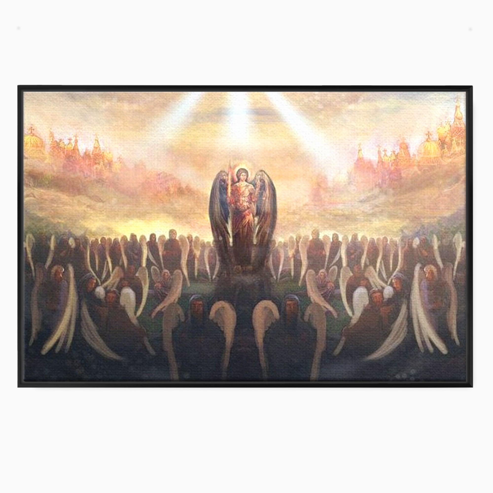 Tablou canvas cu pictura religioasa cu oastea cereasca si ingeri, in rama de aluminiu negru