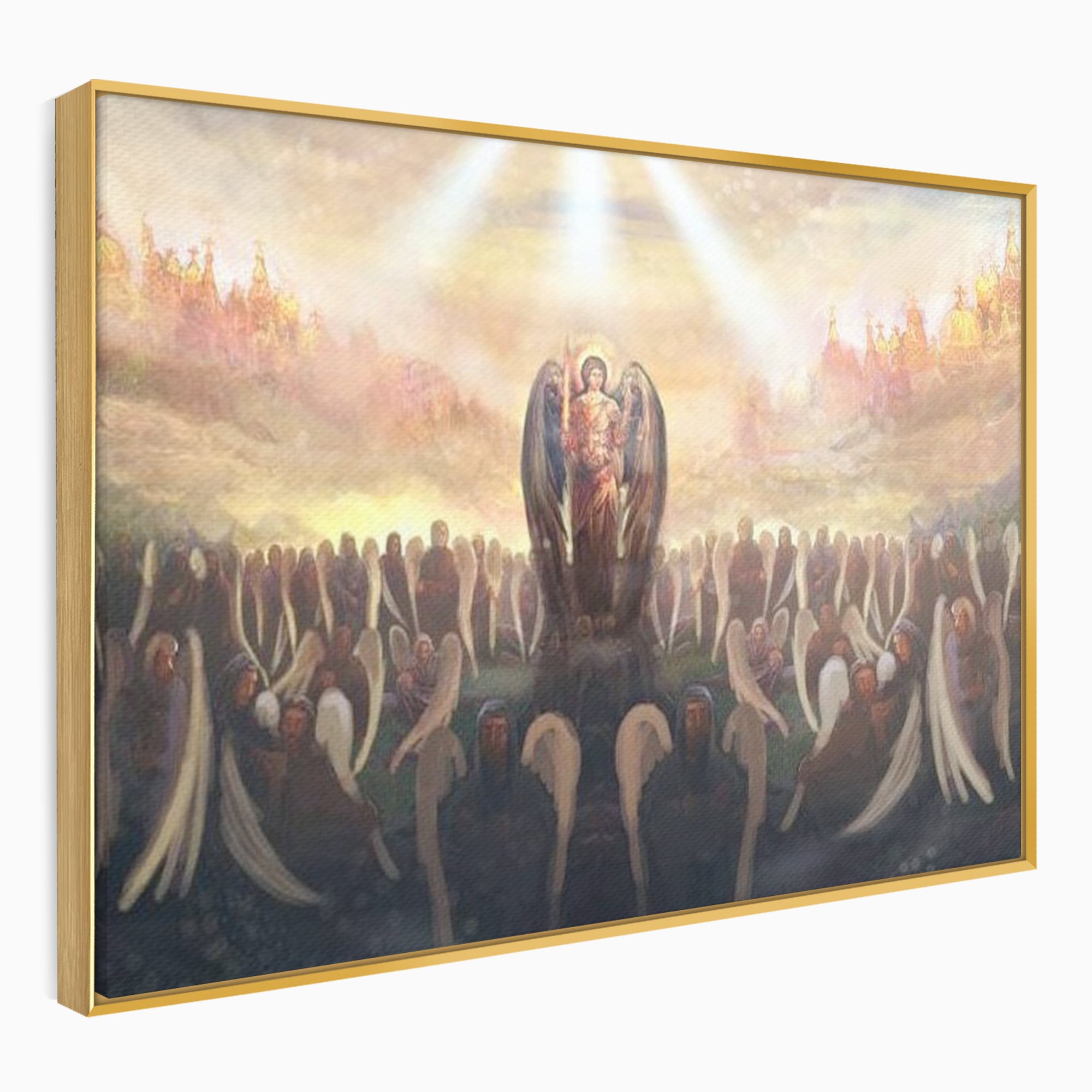 Tablou canvas cu pictura religioasa cu oastea cereasca si ingeri, in rama de aluminiu auriu