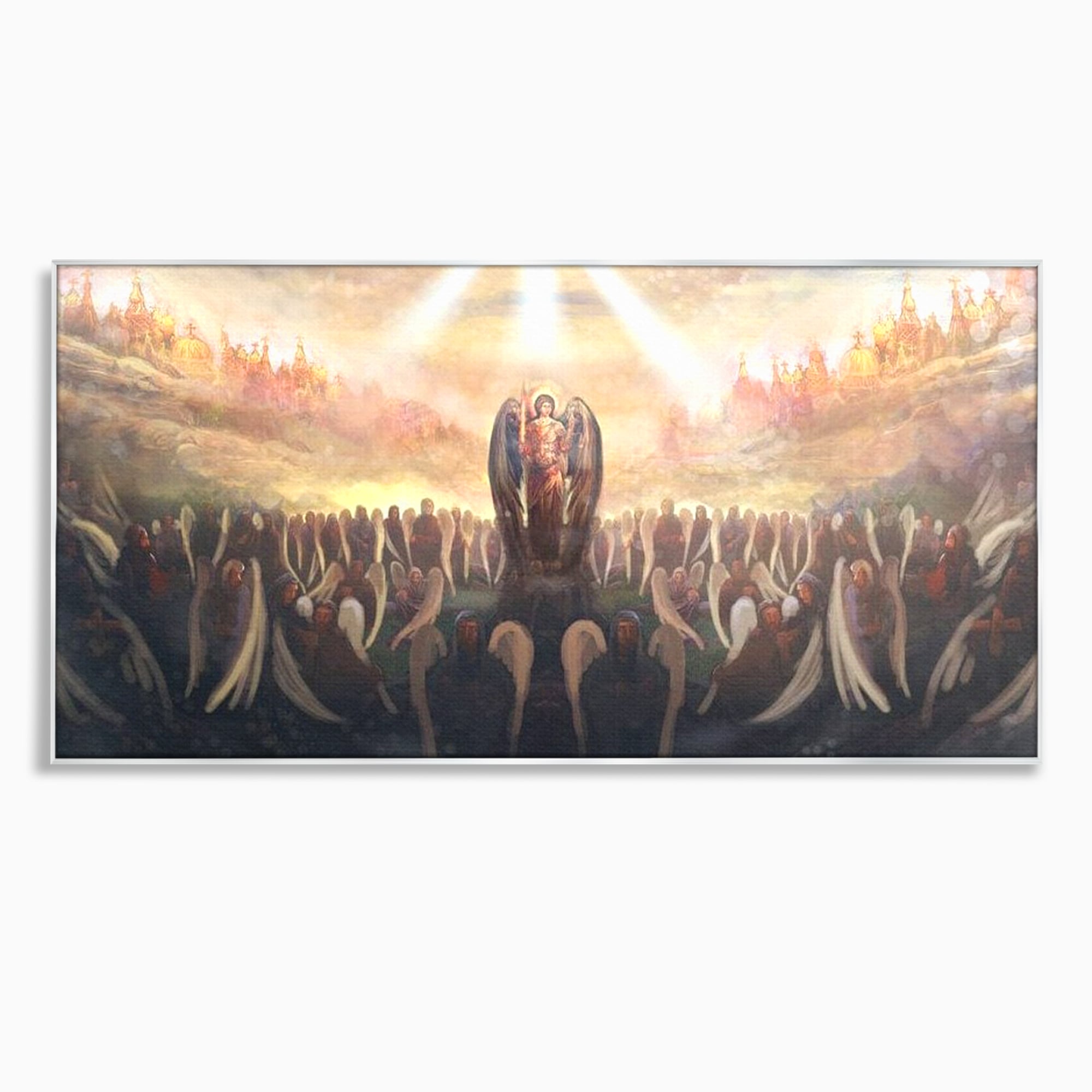 Tablou canvas cu pictura religioasa cu oastea cereasca si ingeri, in rama de aluminiu argintiu