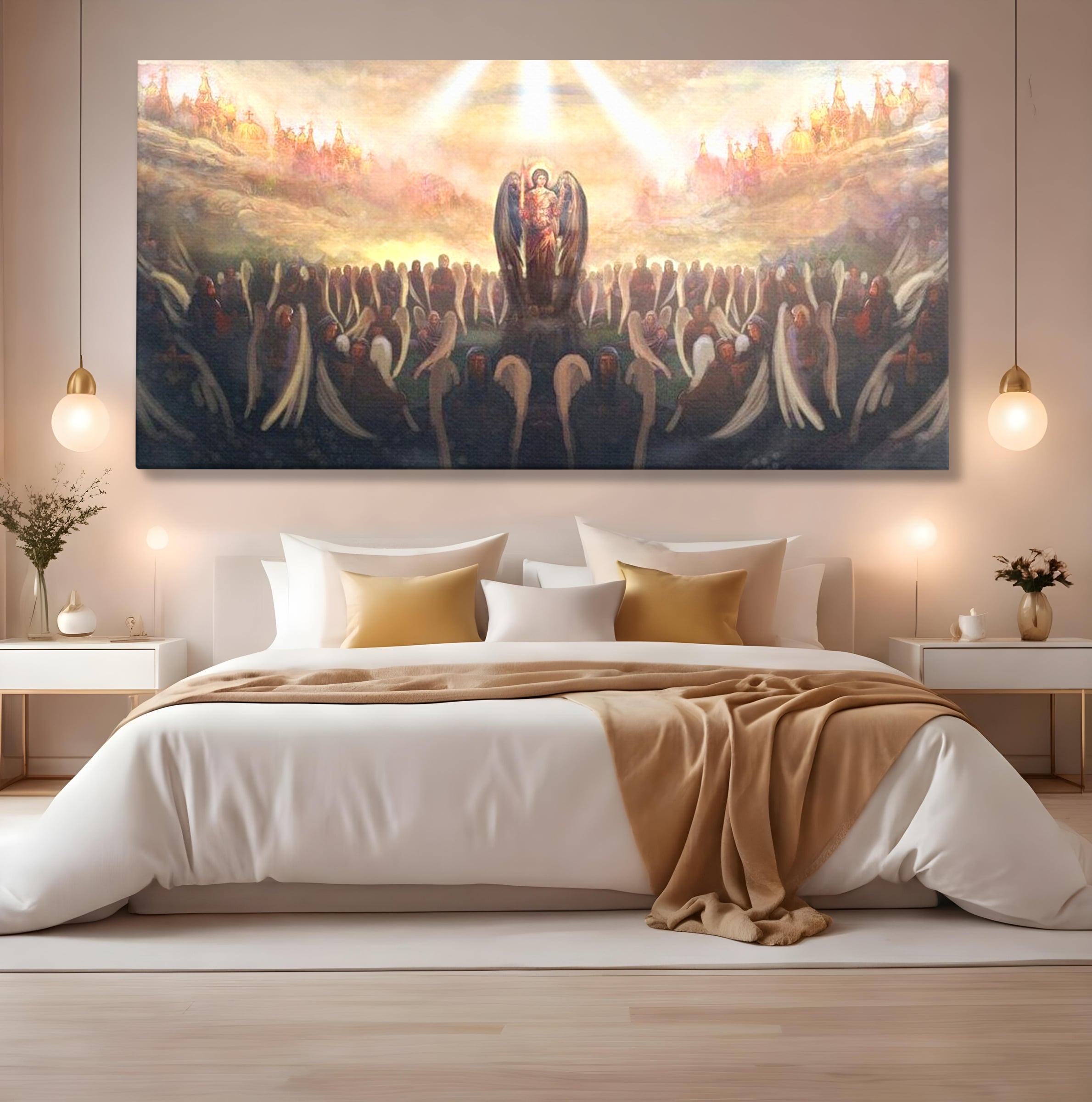 Tablou canvas cu pictura religioasa cu oastea cereasca si ingeri, fara rama, pe sasiu de lemn, pe perete intr-un dormitor
