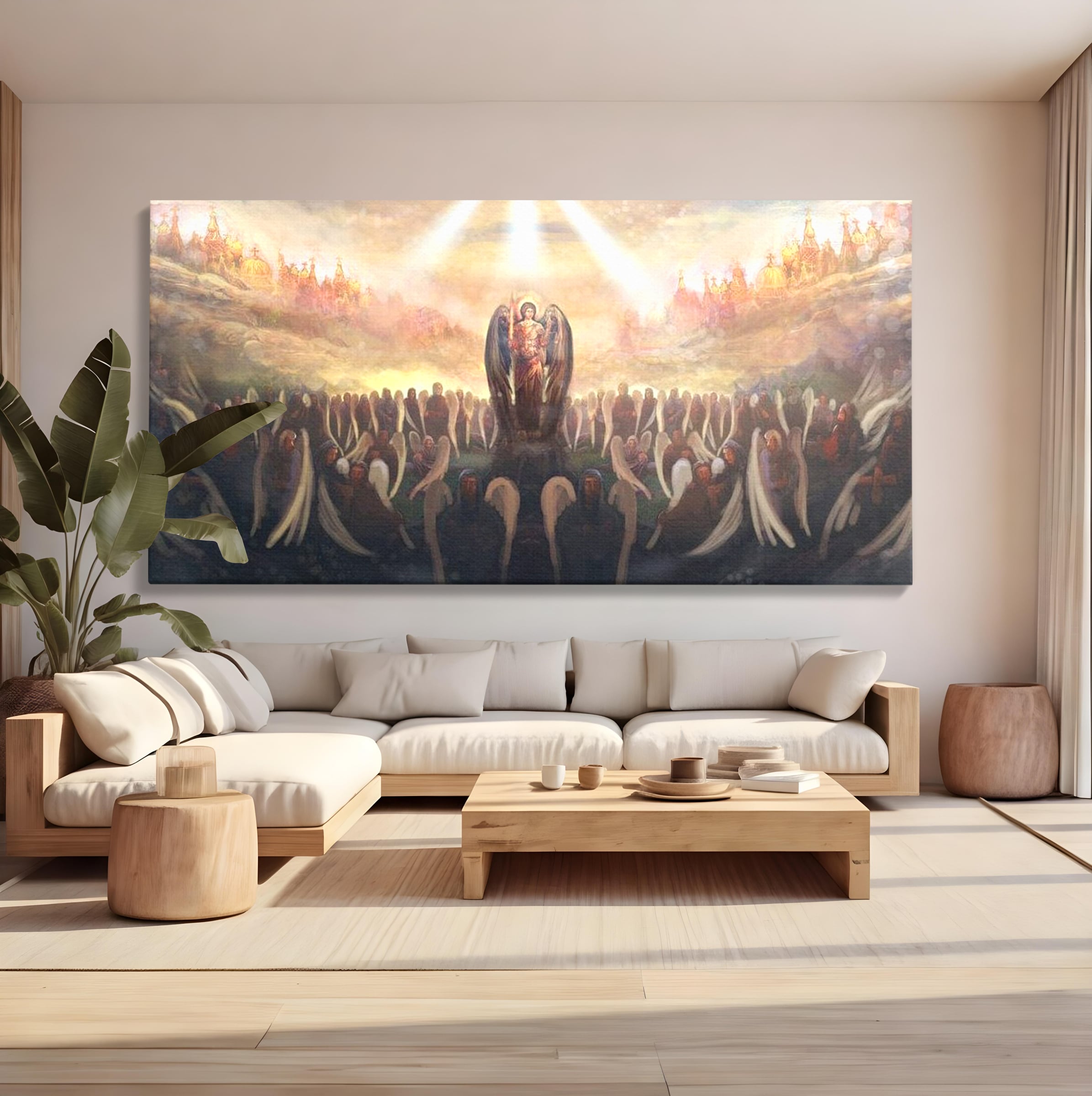 Tablou canvas cu pictura religioasa cu oastea cereasca si ingeri, fara rama, pe sasiu de lemn, pe perete intr-un living