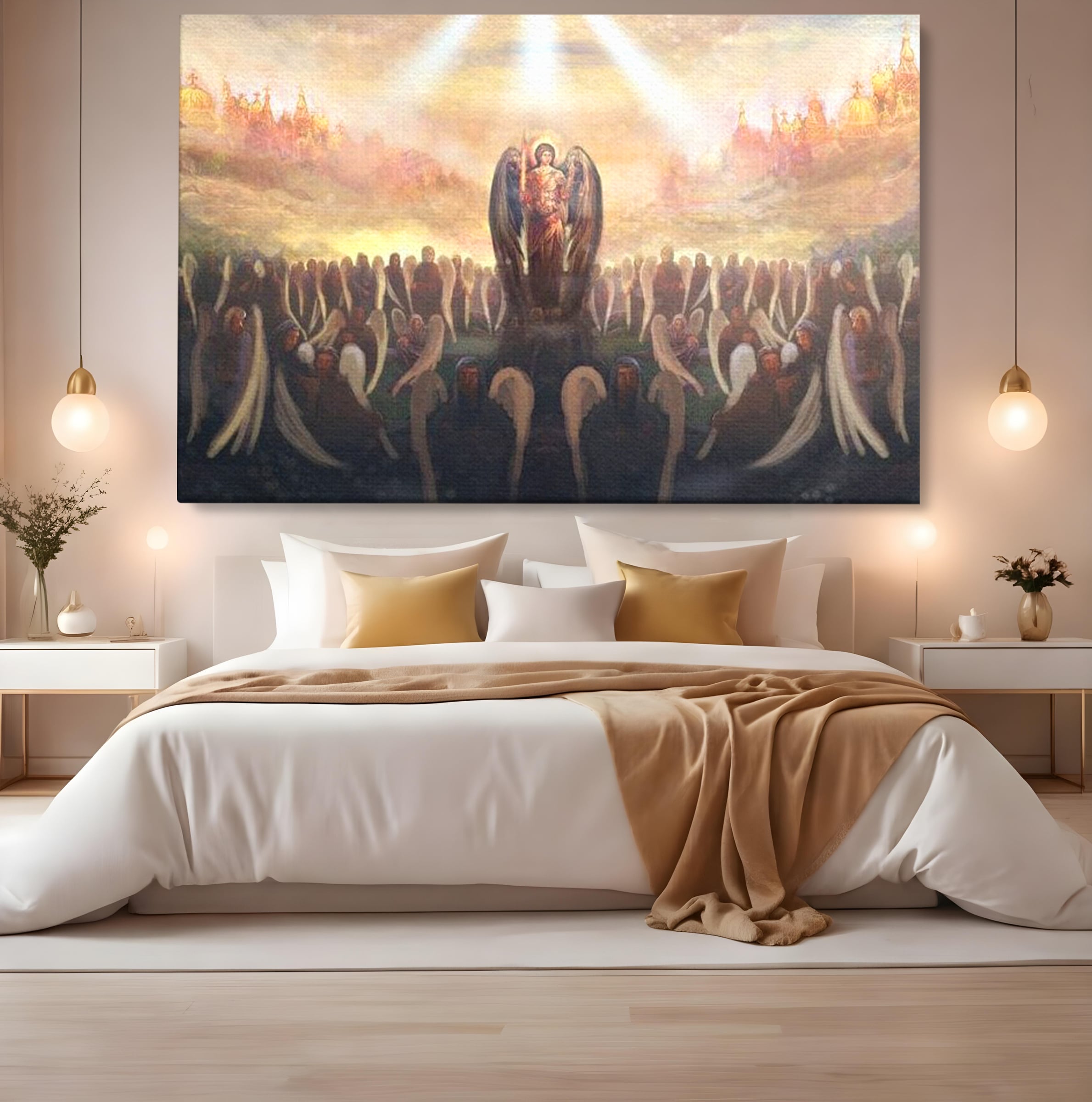 Tablou canvas cu pictura religioasa cu oastea cereasca si ingeri, fara rama, pe sasiu de lemn, pe perete intr-un dormitor