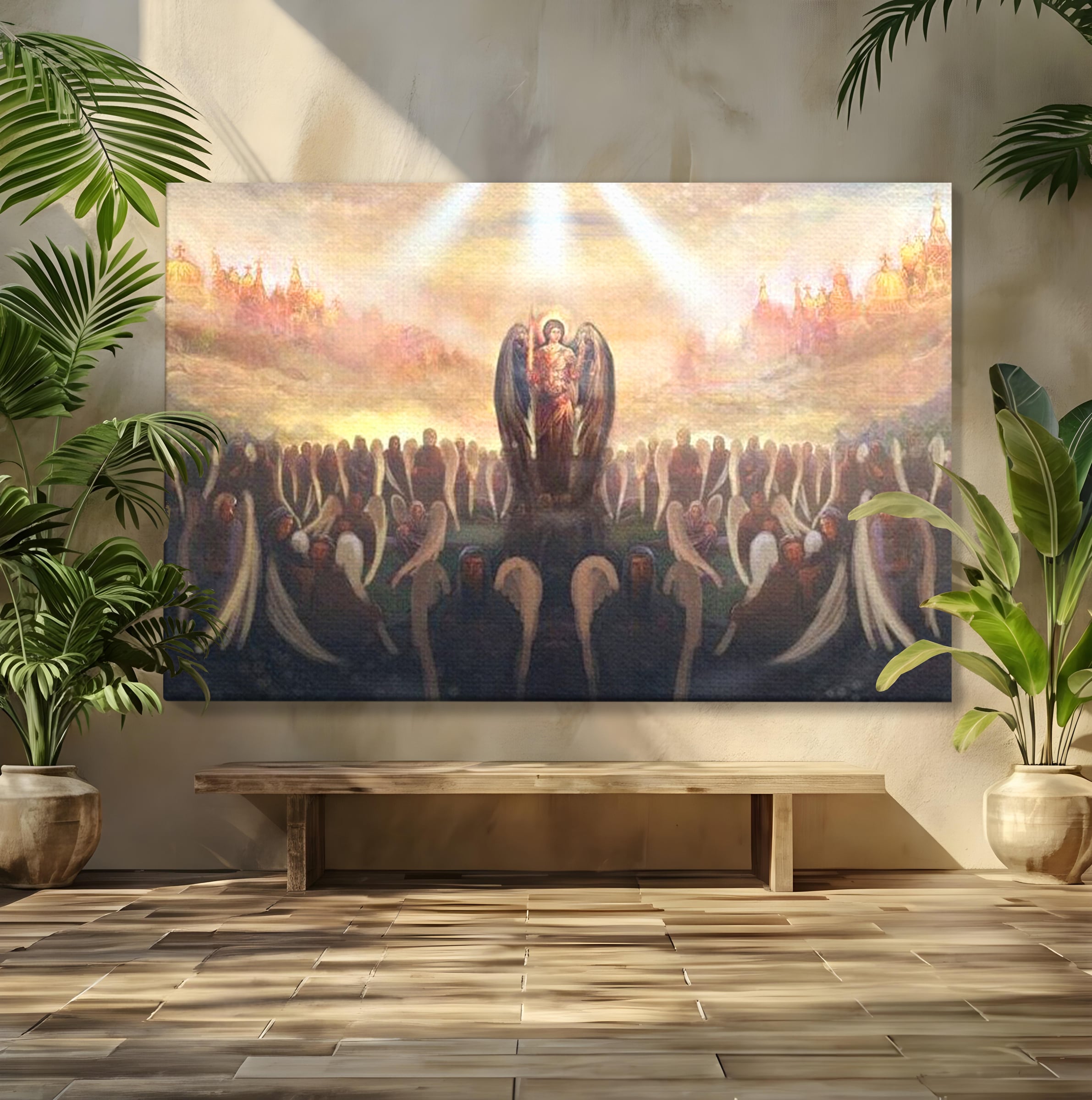 Tablou canvas cu pictura religioasa cu oastea cereasca si ingeri, fara rama, pe sasiu de lemn