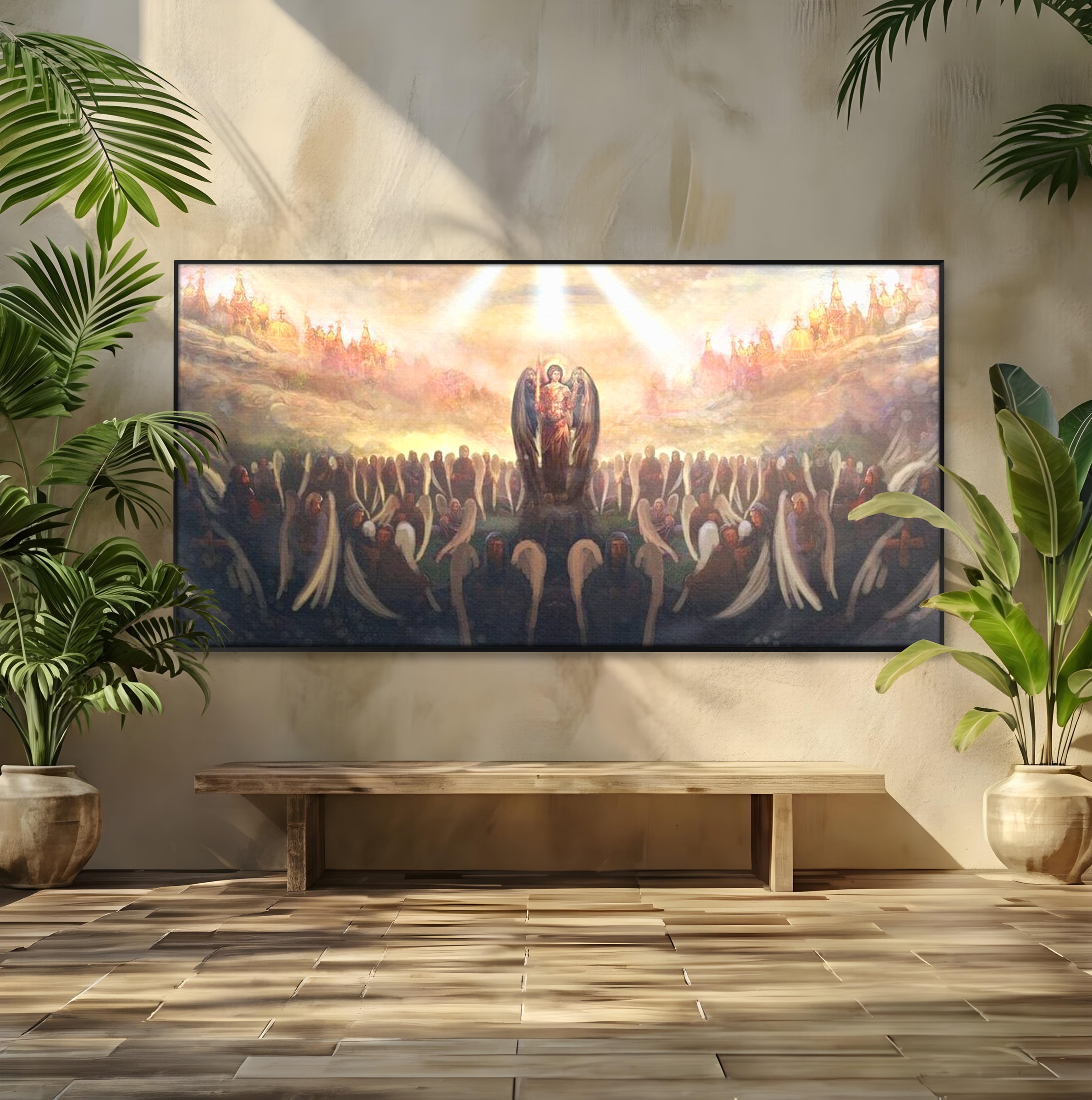 Tablou canvas cu pictura religioasa cu oastea cereasca si ingeri, in rama de aluminiu negru