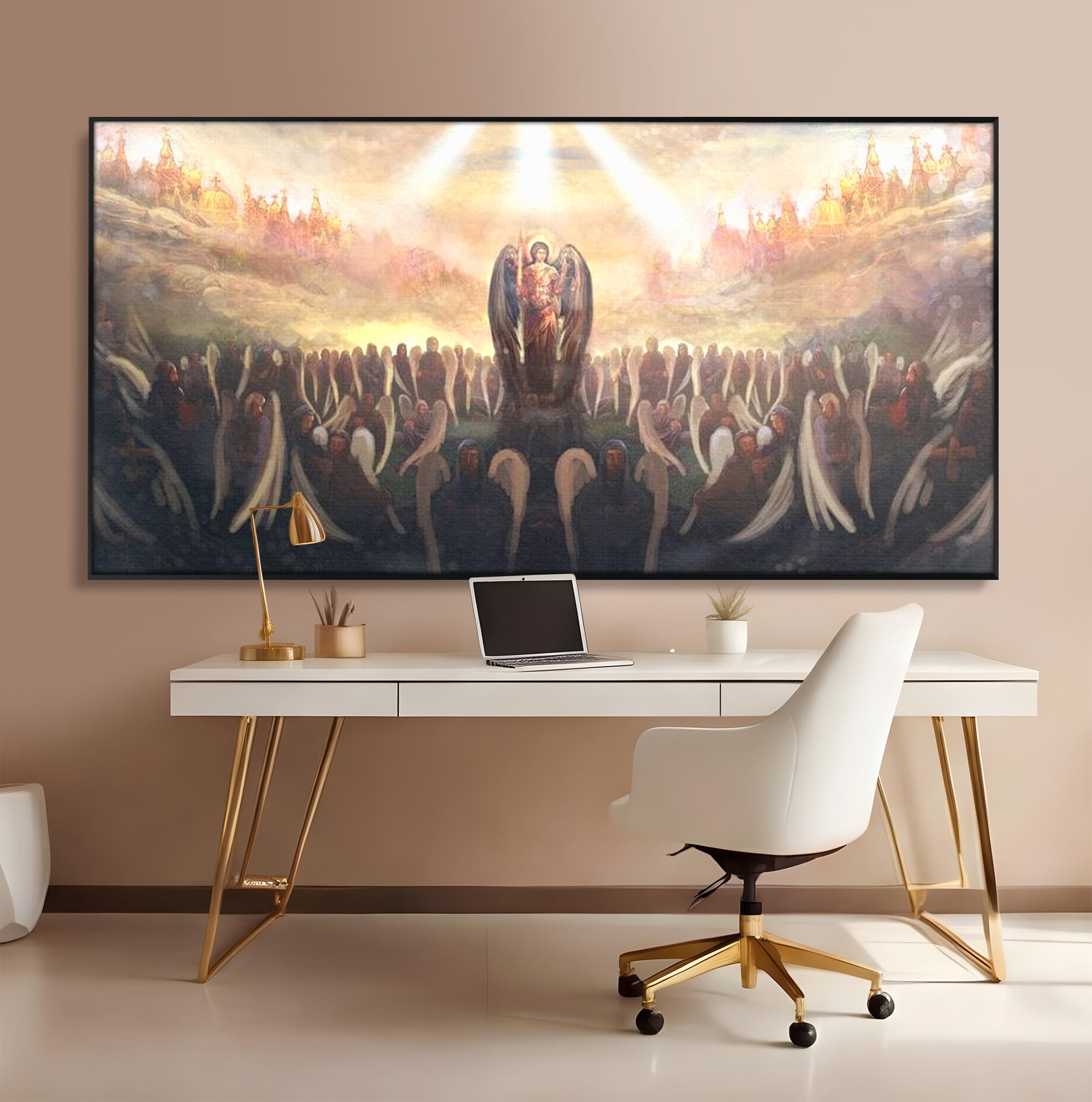 Tablou canvas cu pictura religioasa cu oastea cereasca si ingeri, in rama de aluminiu negru, pe perete intr-un birou