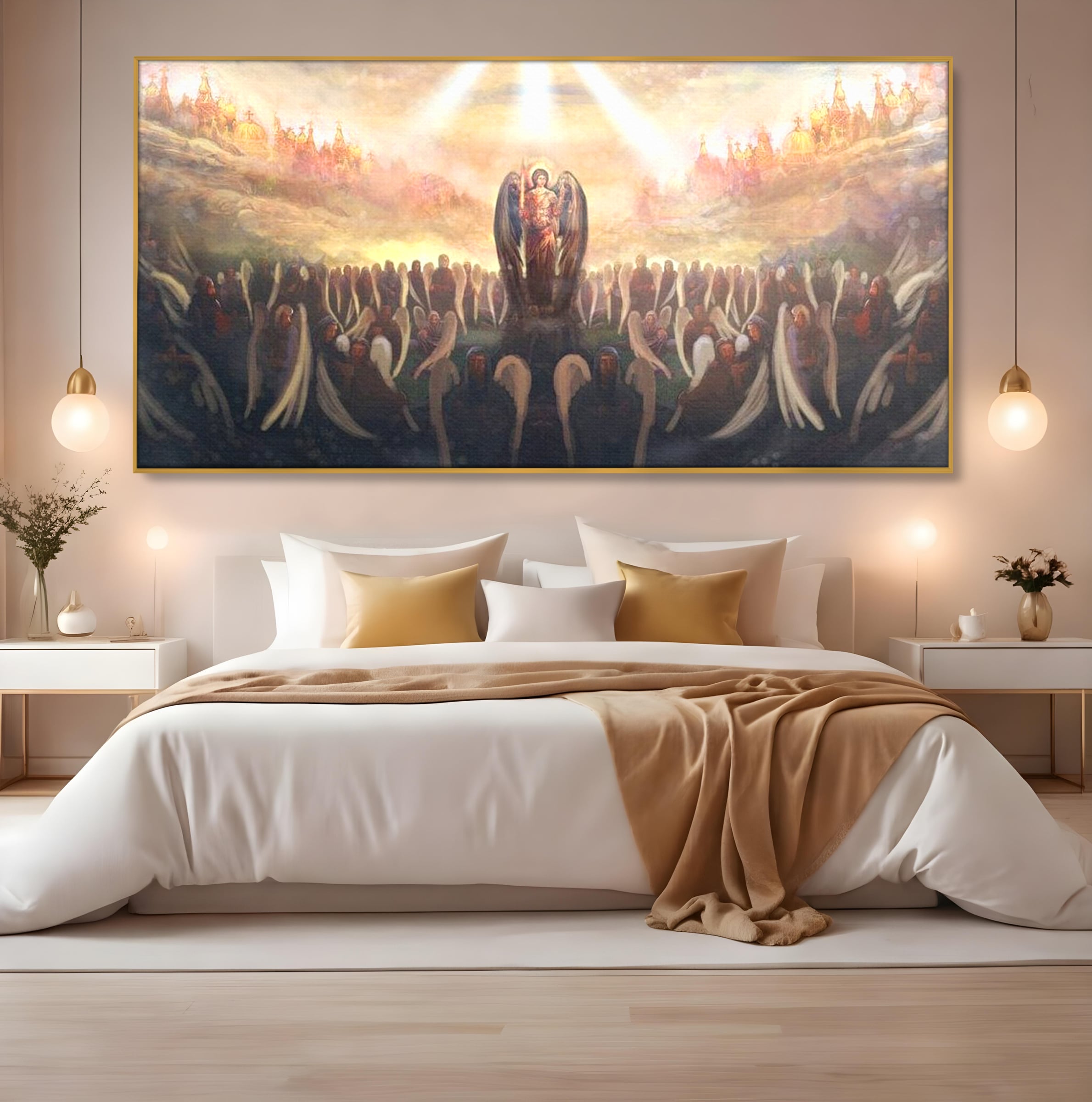Tablou canvas cu pictura religioasa cu oastea cereasca si ingeri, in rama de aluminiu auriu, pe perete intr-un dormitor