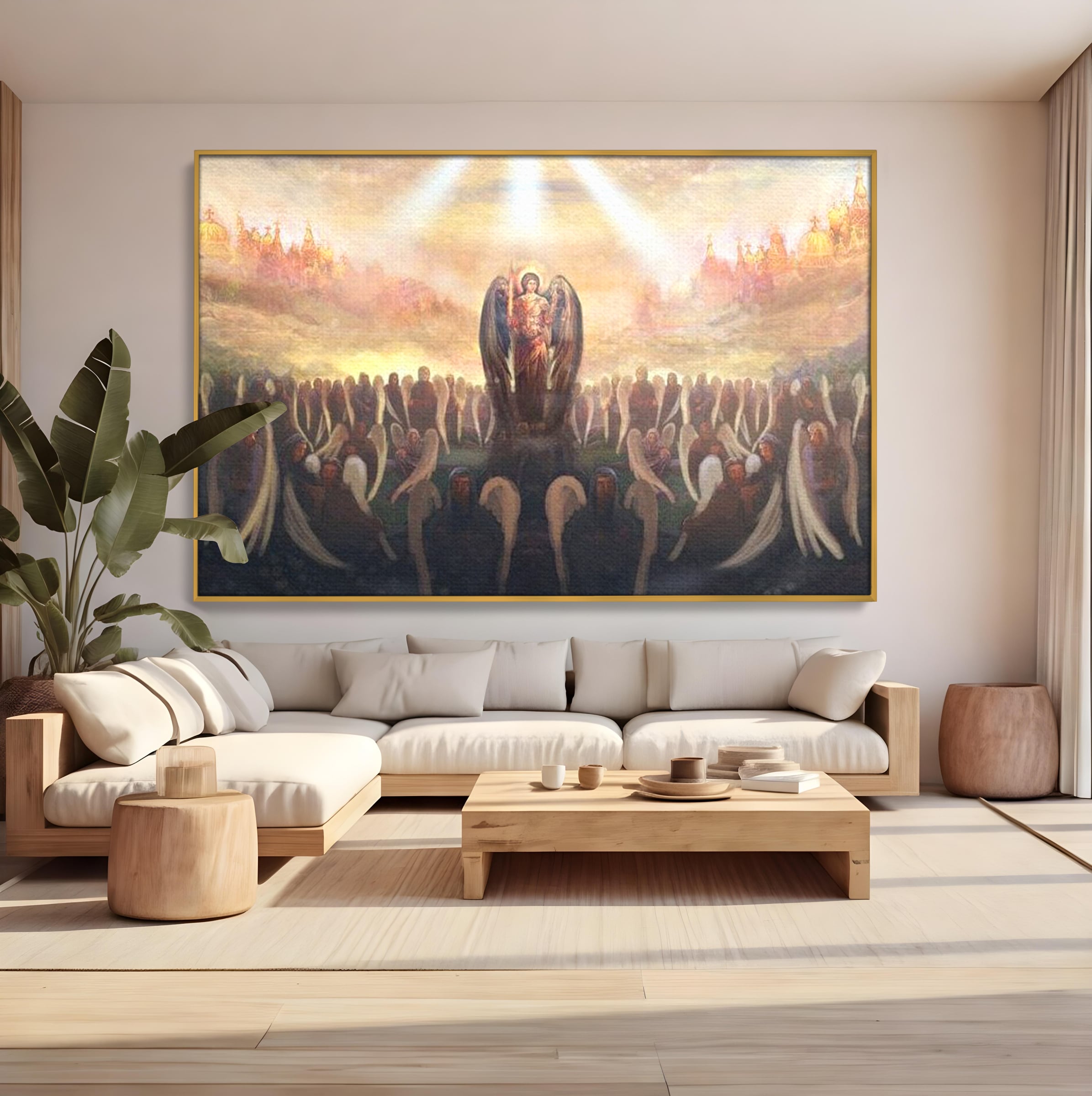 Tablou canvas cu pictura religioasa cu oastea cereasca si ingeri, in rama de aluminiu auriu, pe perete intr-un living